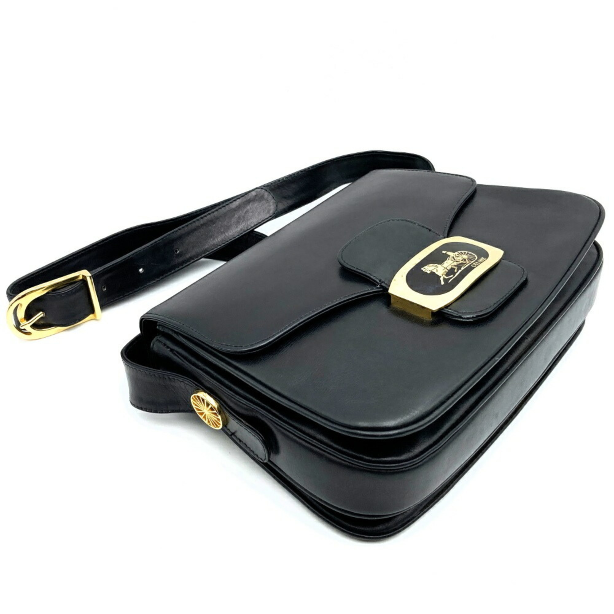 CELINE Shoulder Bag, Black Leather, Carriage Hardware