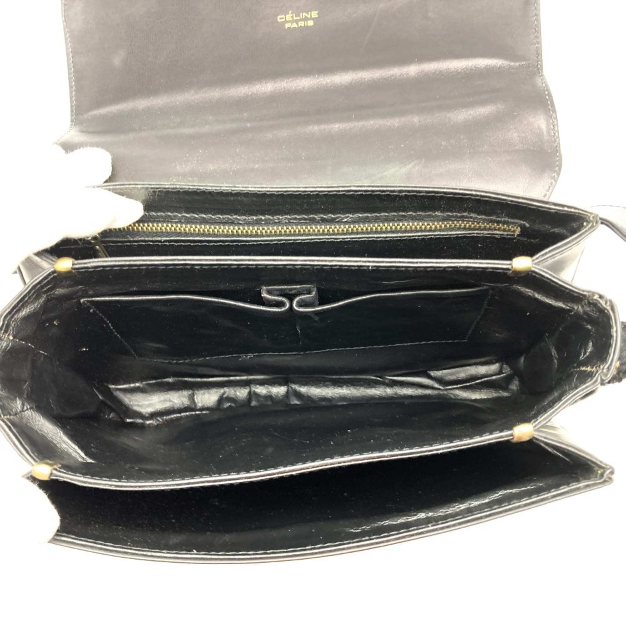 CELINE Shoulder Bag, Black Leather, Carriage Hardware