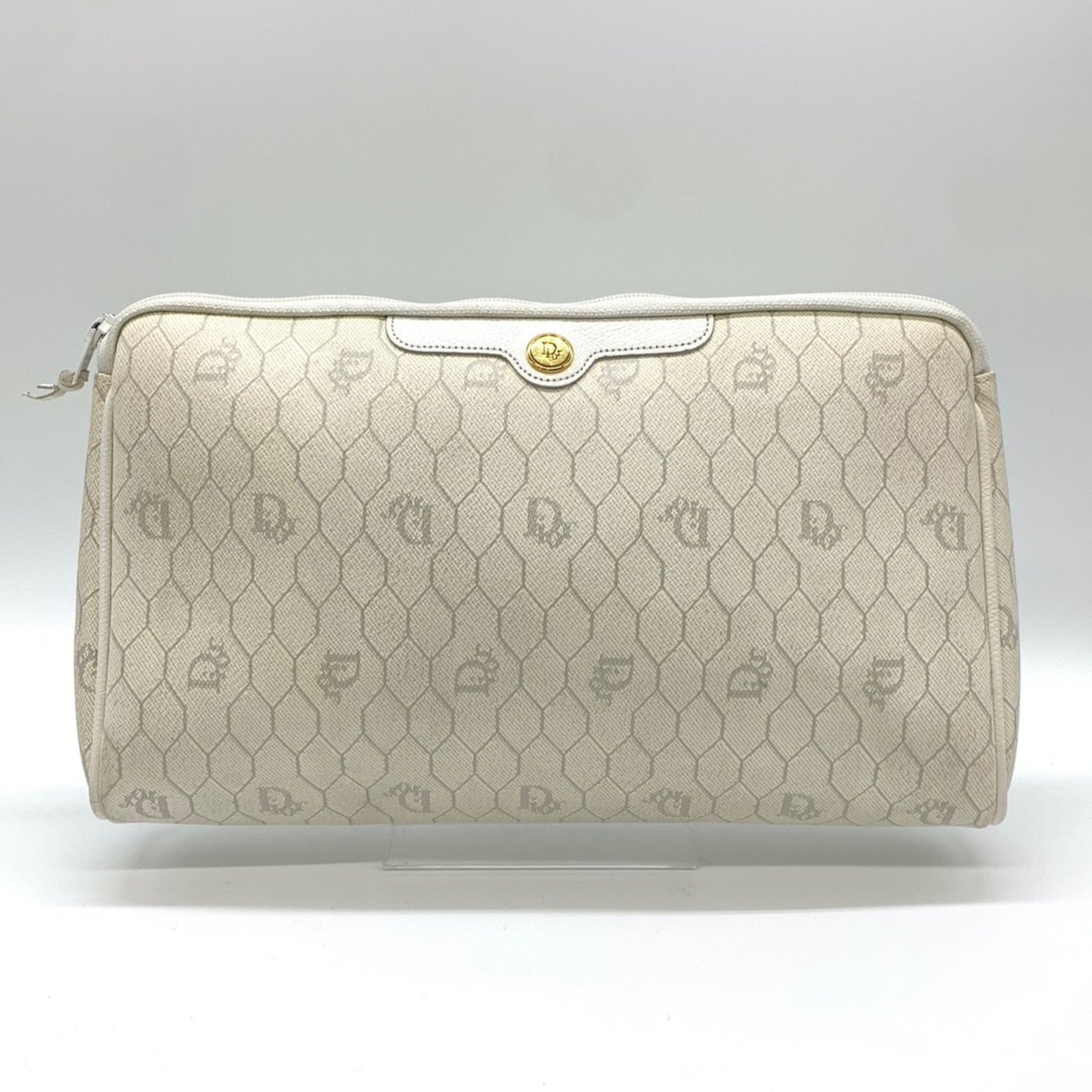 Christian Dior Dior Pouch Clutch Bag Second Honeycomb x Leather White Grey Women's