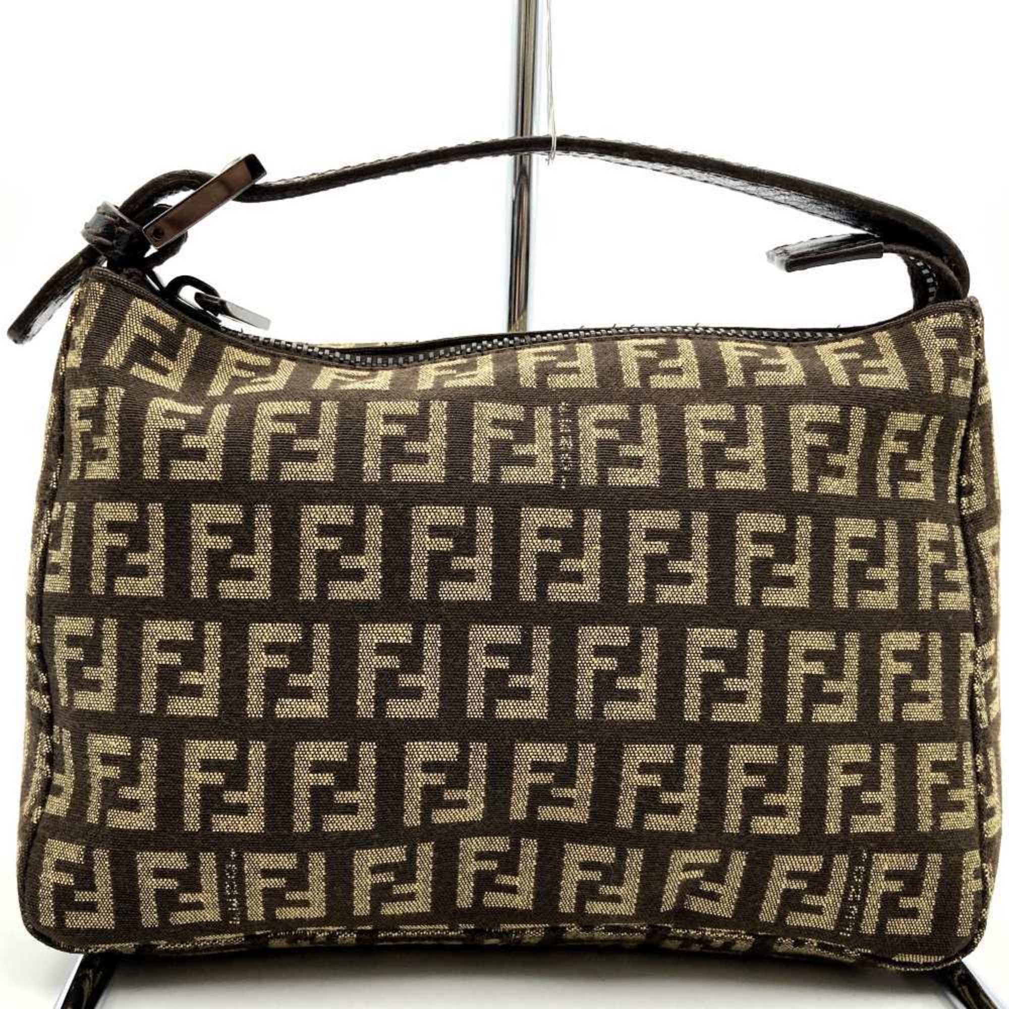 FENDI Zucchino Handbag Bag Brown Beige Canvas Leather Women's