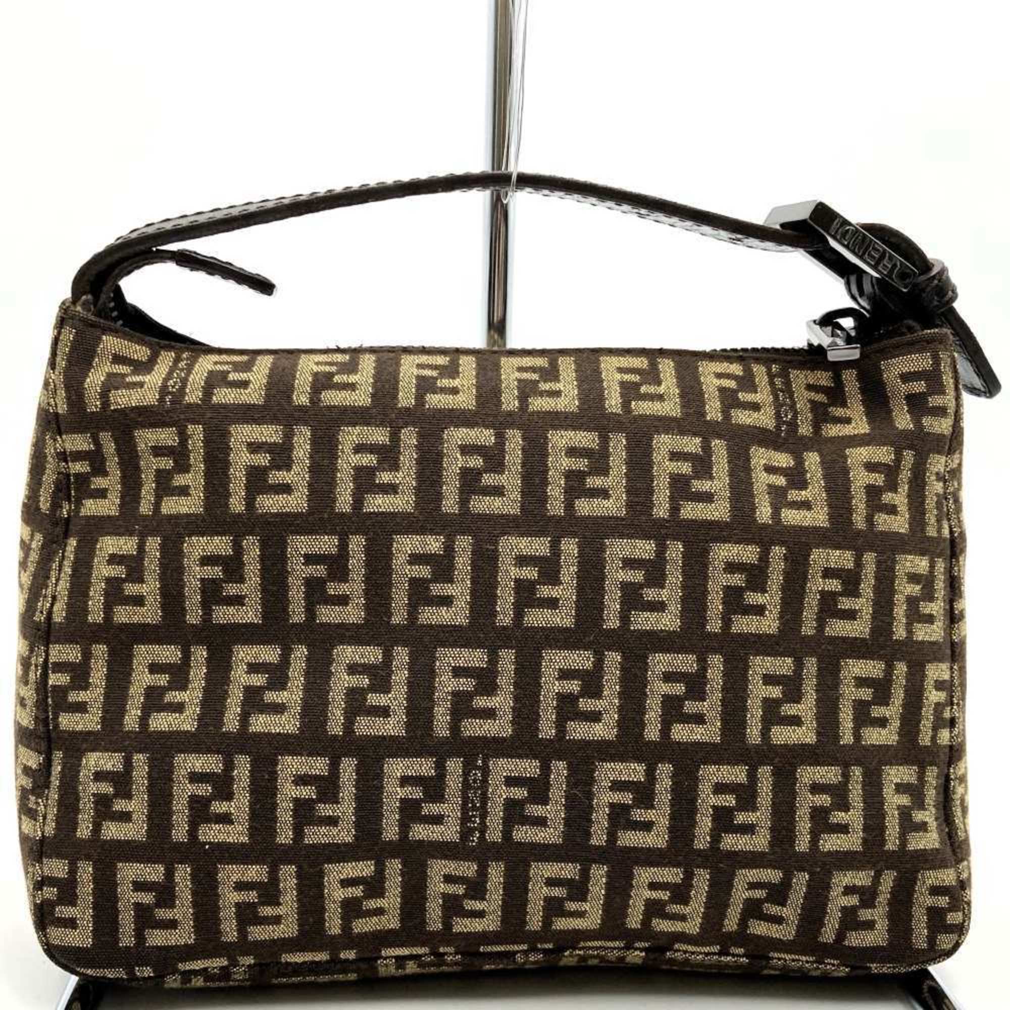 FENDI Zucchino Handbag Bag Brown Beige Canvas Leather Women's