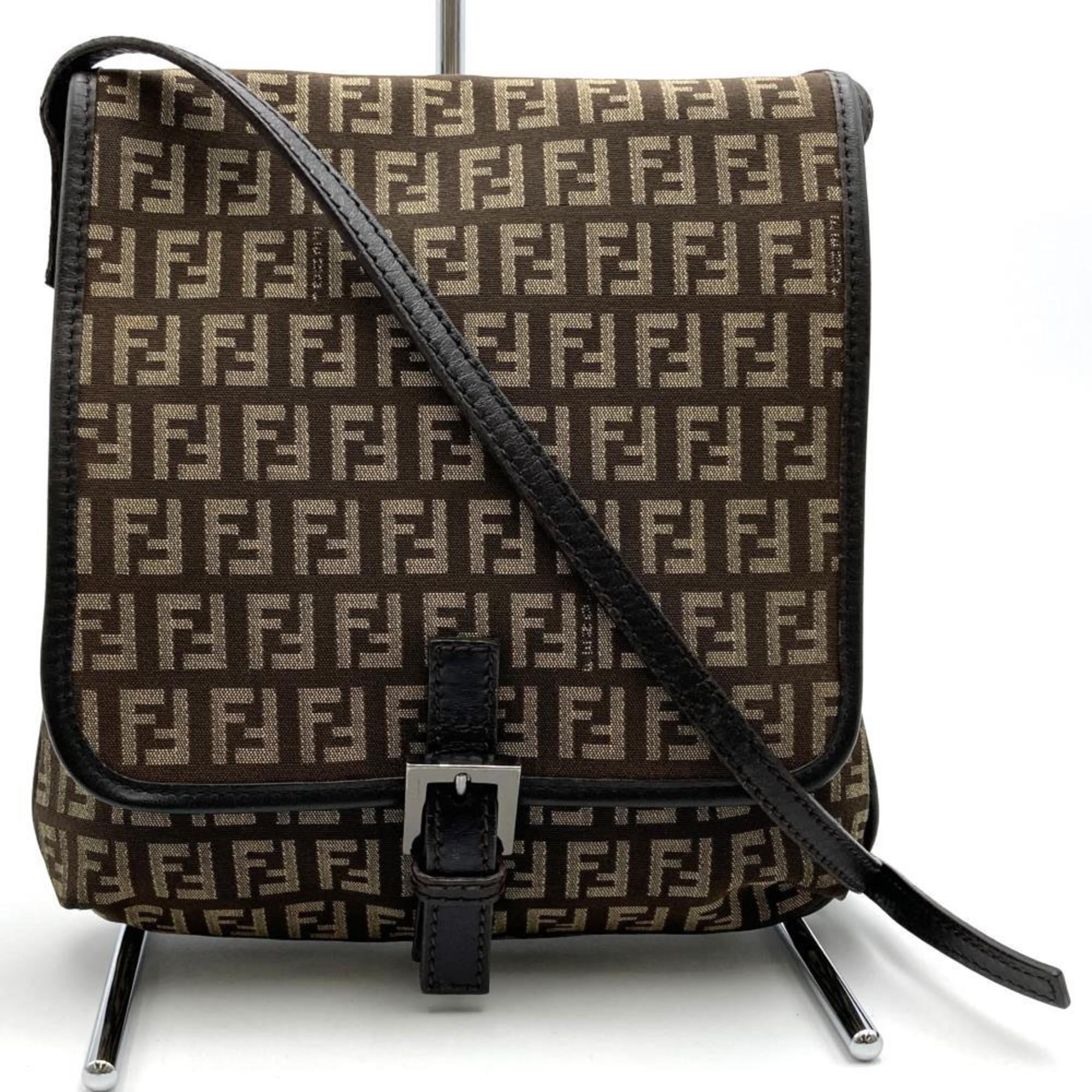 FENDI Shoulder Bag Zucchino Pattern Flap Canvas Nylon Brown 2579 Women's