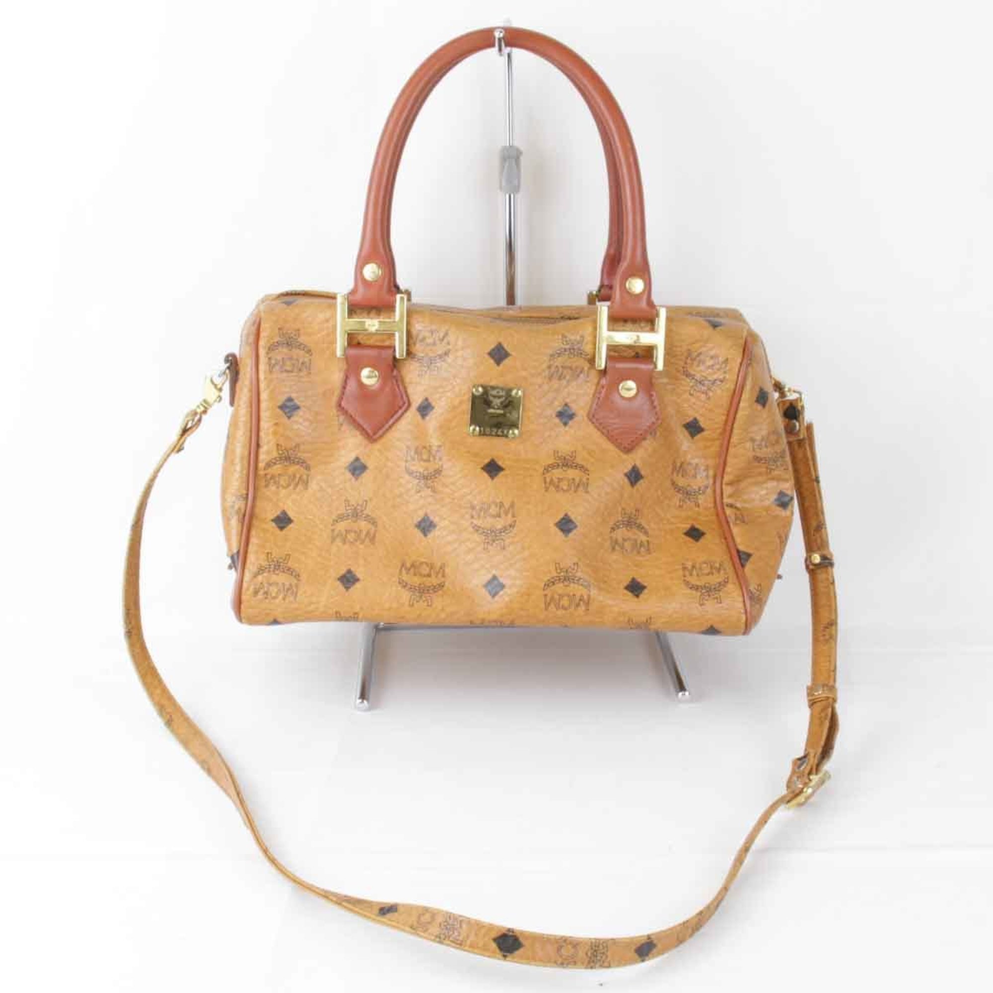 MCM Visetos Boston Bag Leather Orange Brown Women's