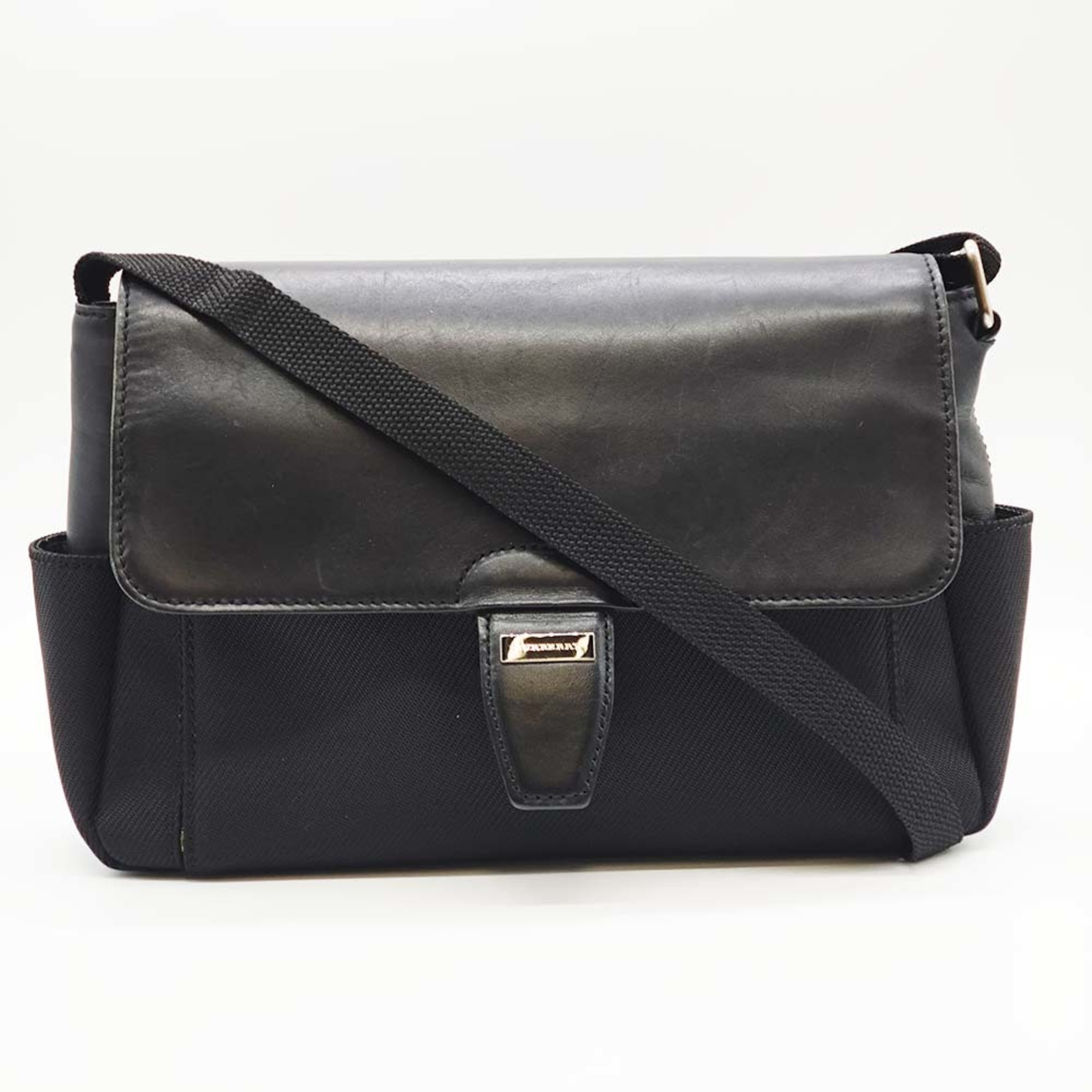 Burberry Shoulder Bag, Nova Check, Flap Style, Nylon, Leather, Black, Men's, Women's