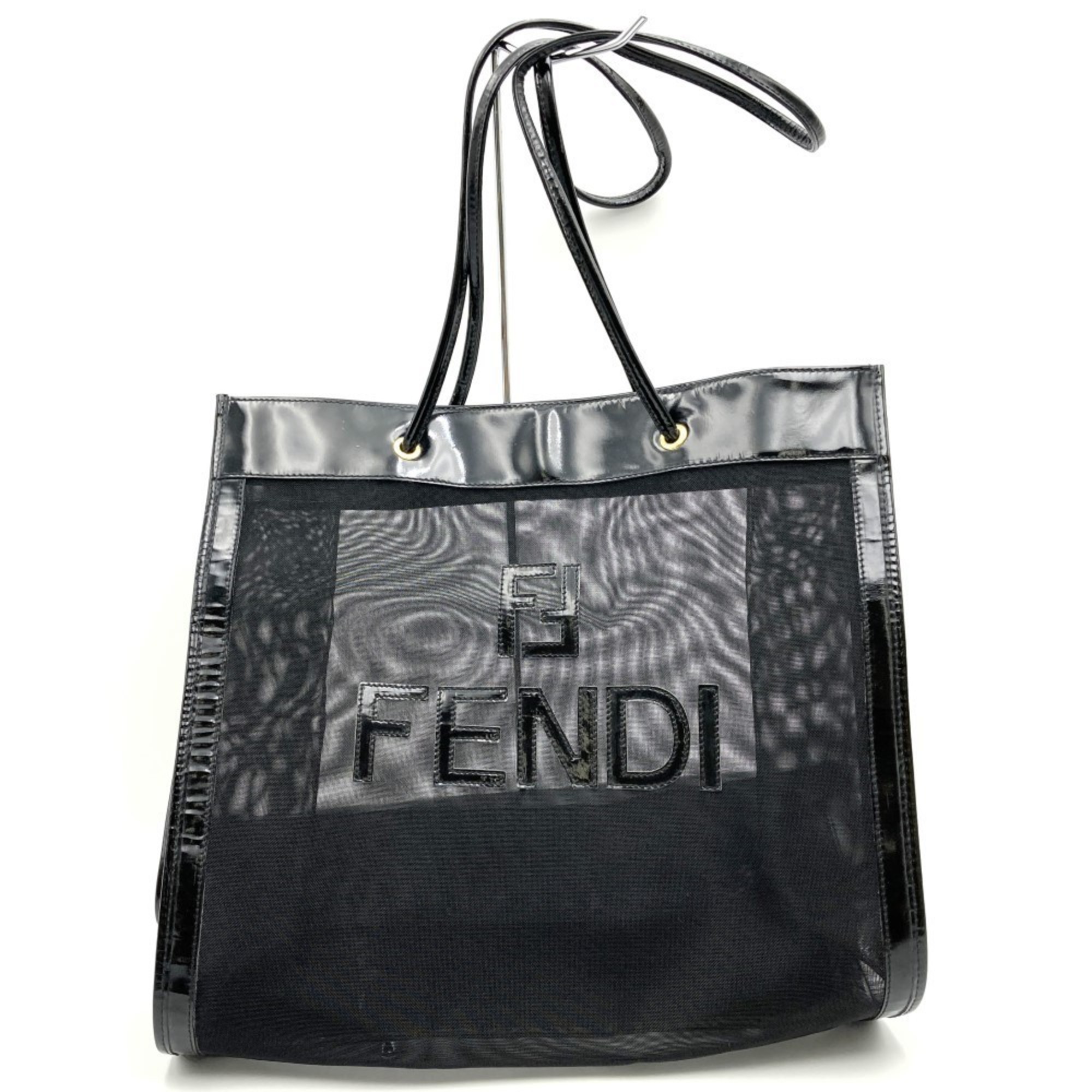 FENDI Mesh Tote Bag Nylon/Patent Black 262933 Women's