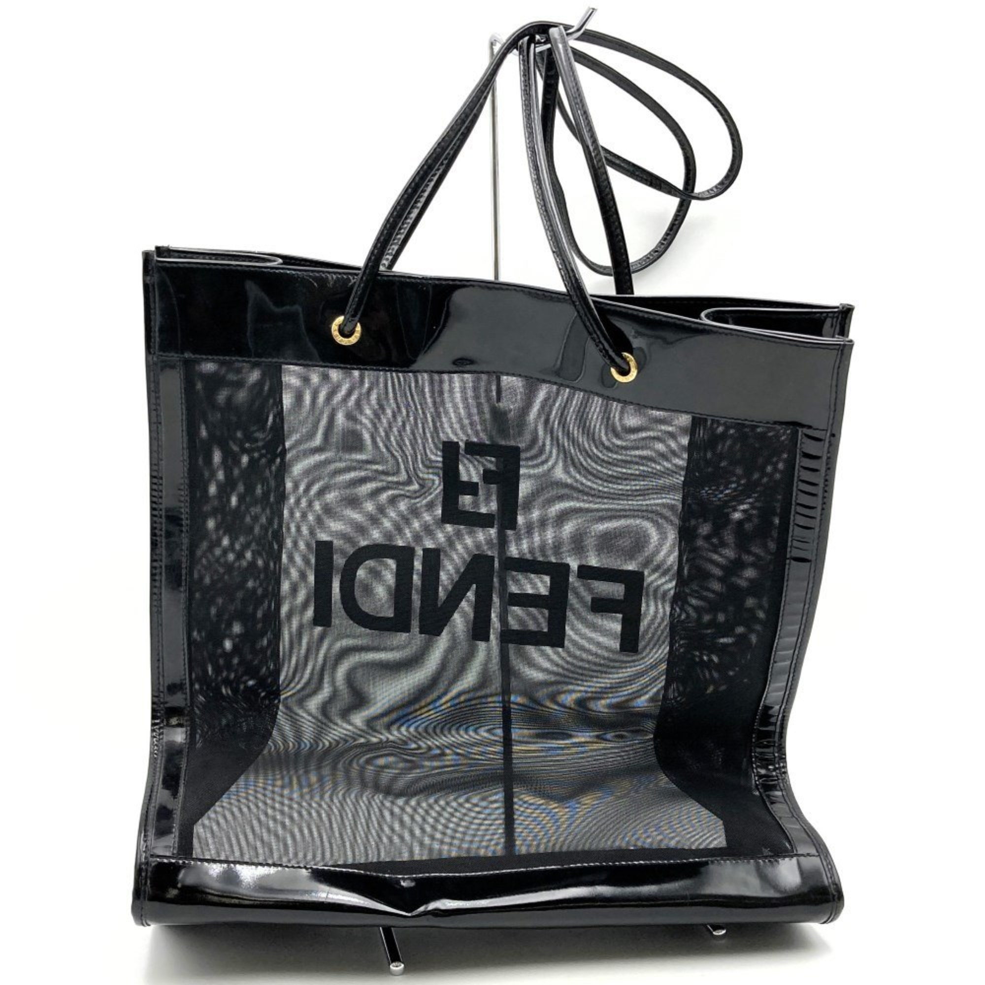 FENDI Mesh Tote Bag Nylon/Patent Black 262933 Women's