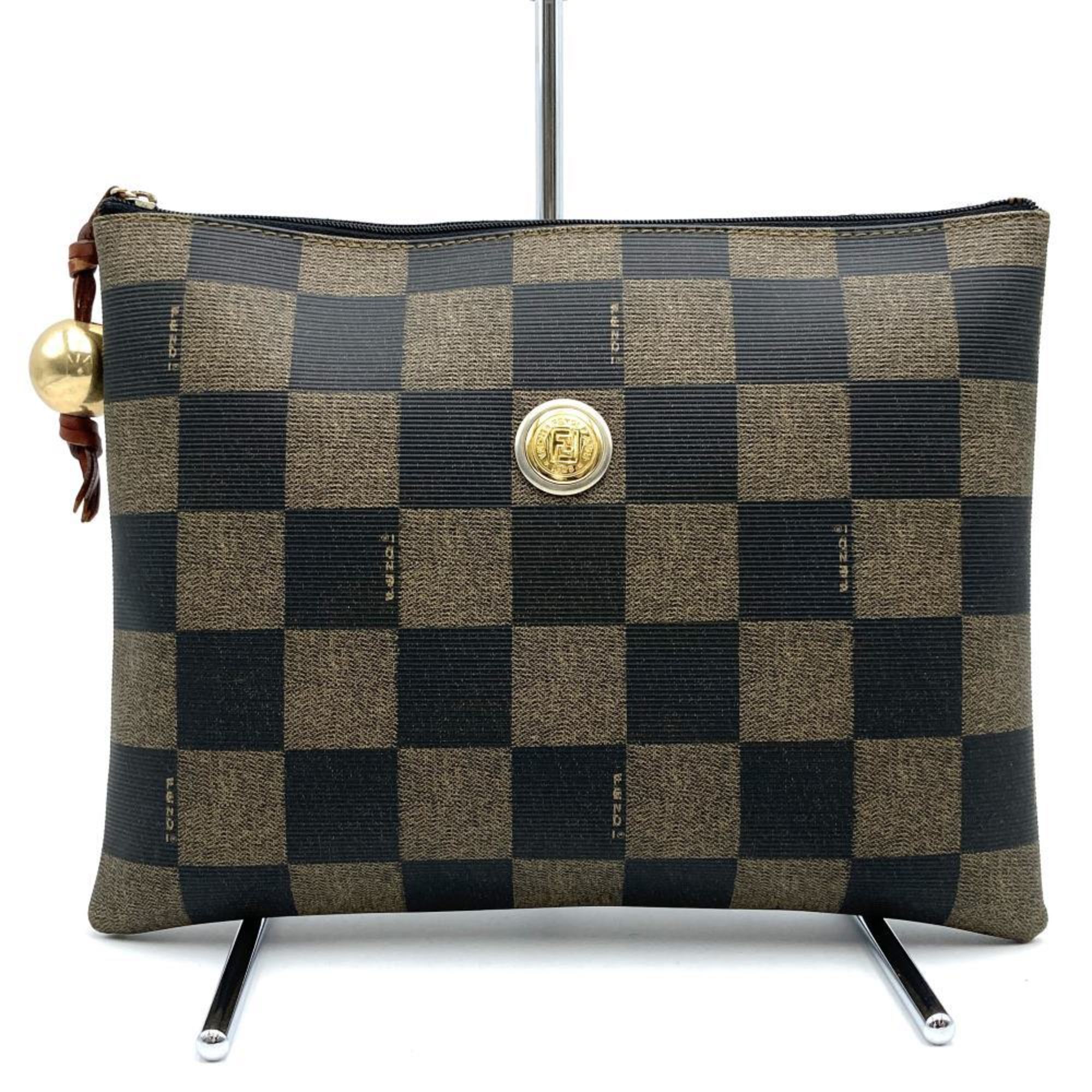 FENDI Pouch Checkered Gold Beads Leather Brown 12874 Women's