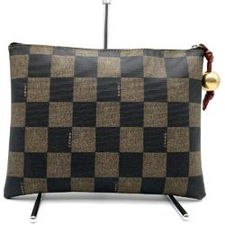 FENDI Pouch Checkered Gold Beads Leather Brown 12874 Women's