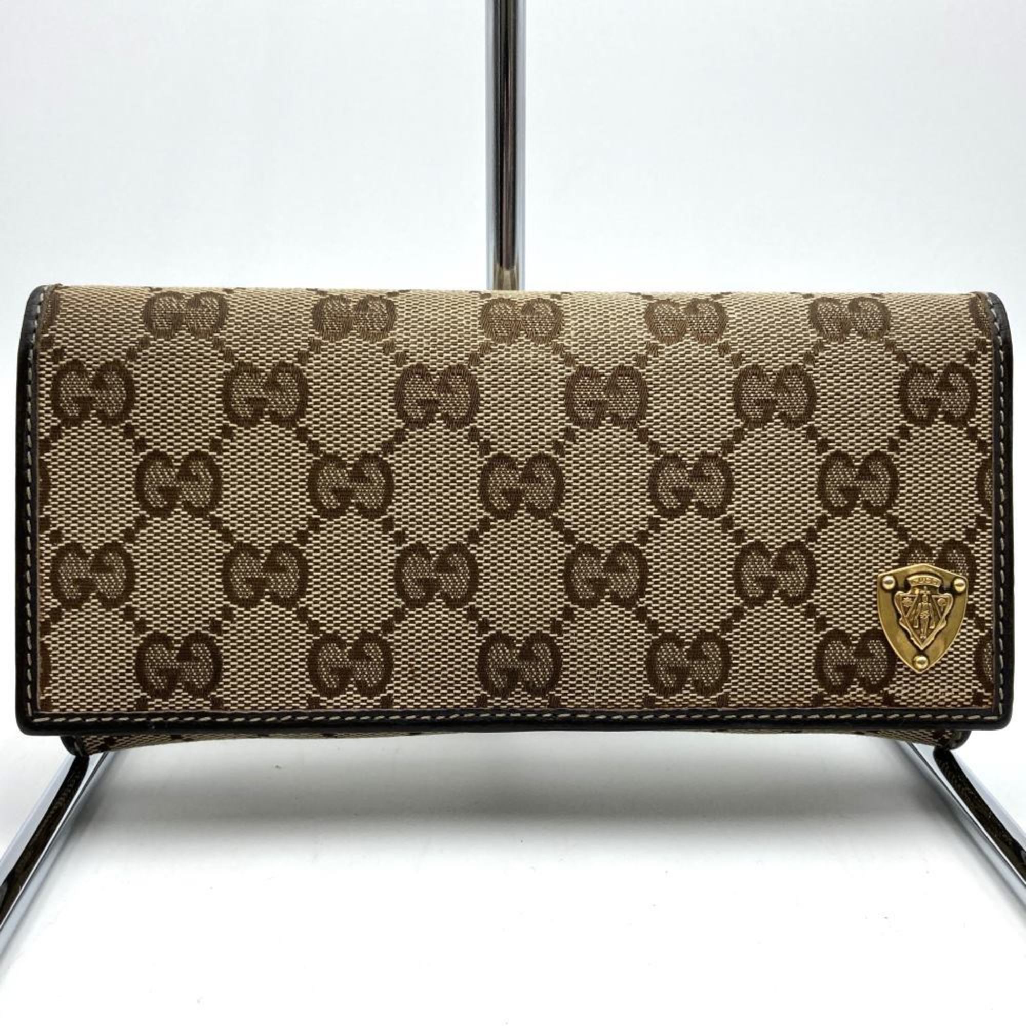 GUCCI 203618 Long Wallet with Emblem GG Canvas Leather Flap Crest Brown Women's Men's