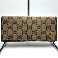 GUCCI 203618 Long Wallet with Emblem GG Canvas Leather Flap Crest Brown Women's Men's