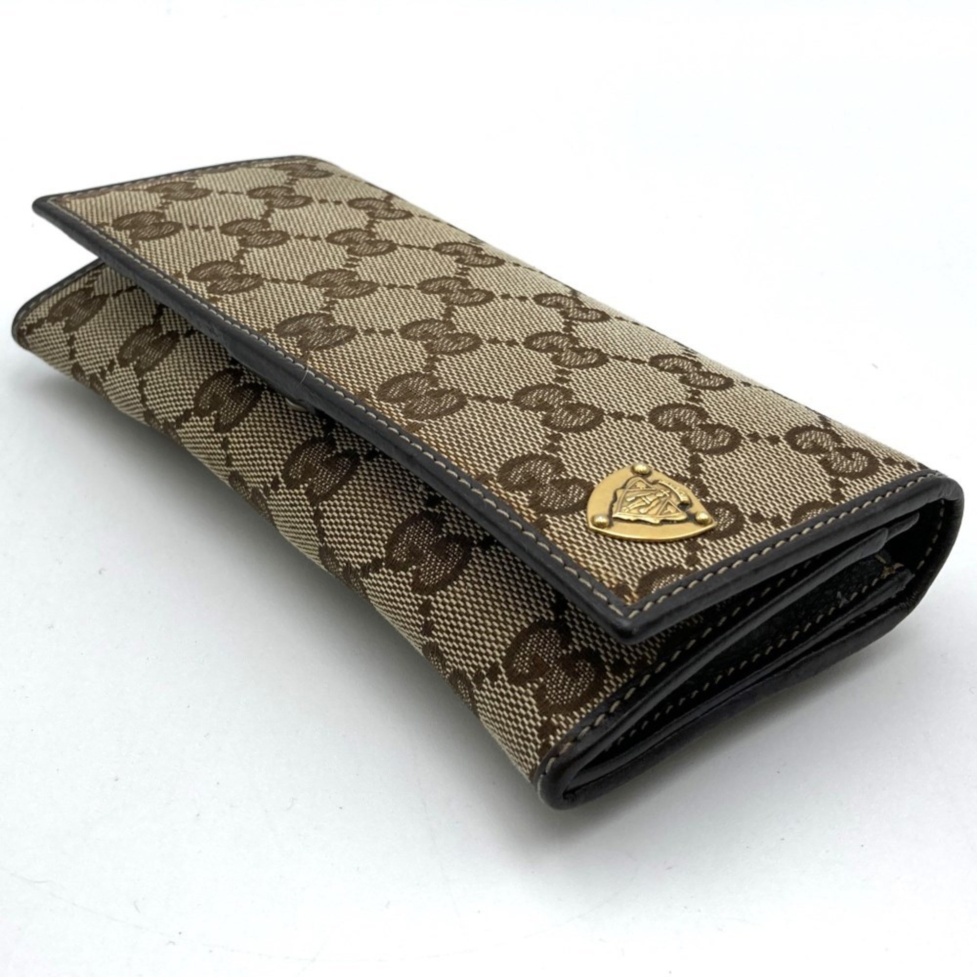 GUCCI 203618 Long Wallet with Emblem GG Canvas Leather Flap Crest Brown Women's Men's