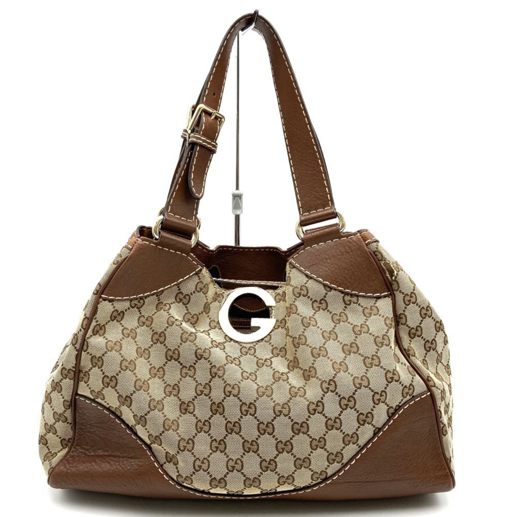 GUCCI 223972 Tote Bag Handbag GG Canvas x Leather Brown Beige Women's