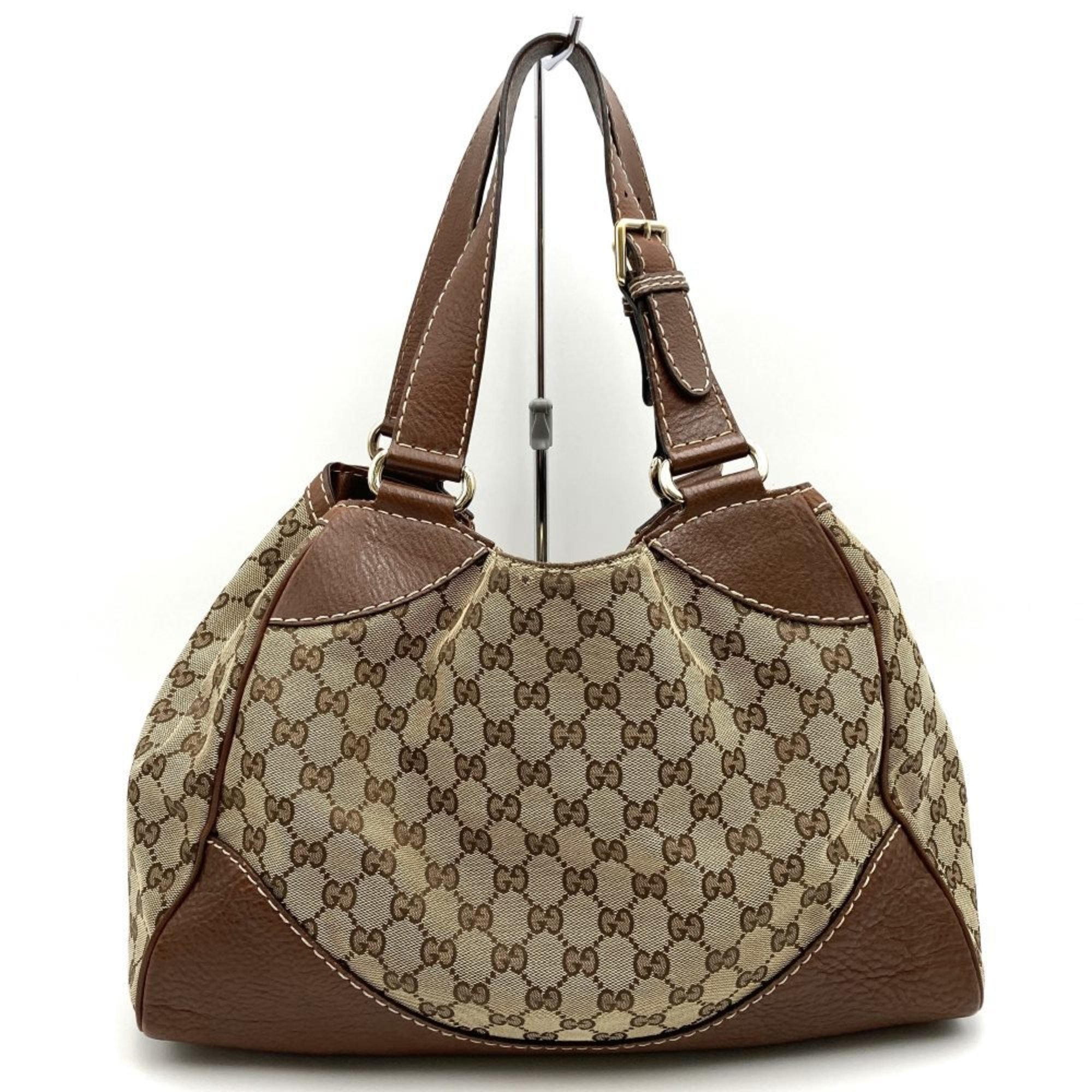 GUCCI 223972 Tote Bag Handbag GG Canvas x Leather Brown Beige Women's