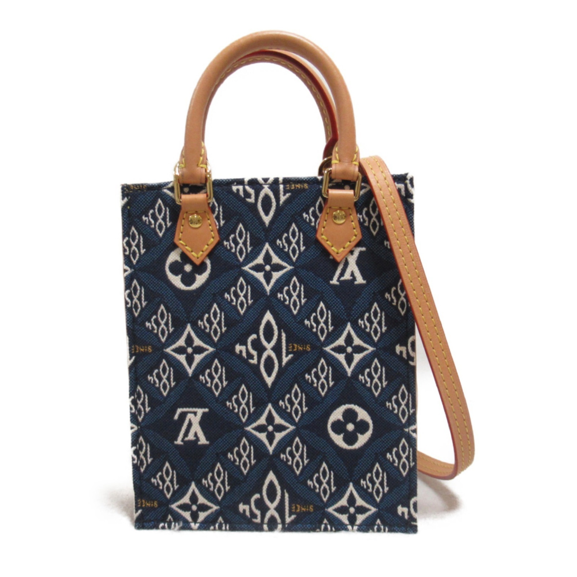 LOUIS VUITTON Since1854 Petite Sac Plat Shoulder Bag Fabric Leather Monogram Jacquard Women's Blue M80288