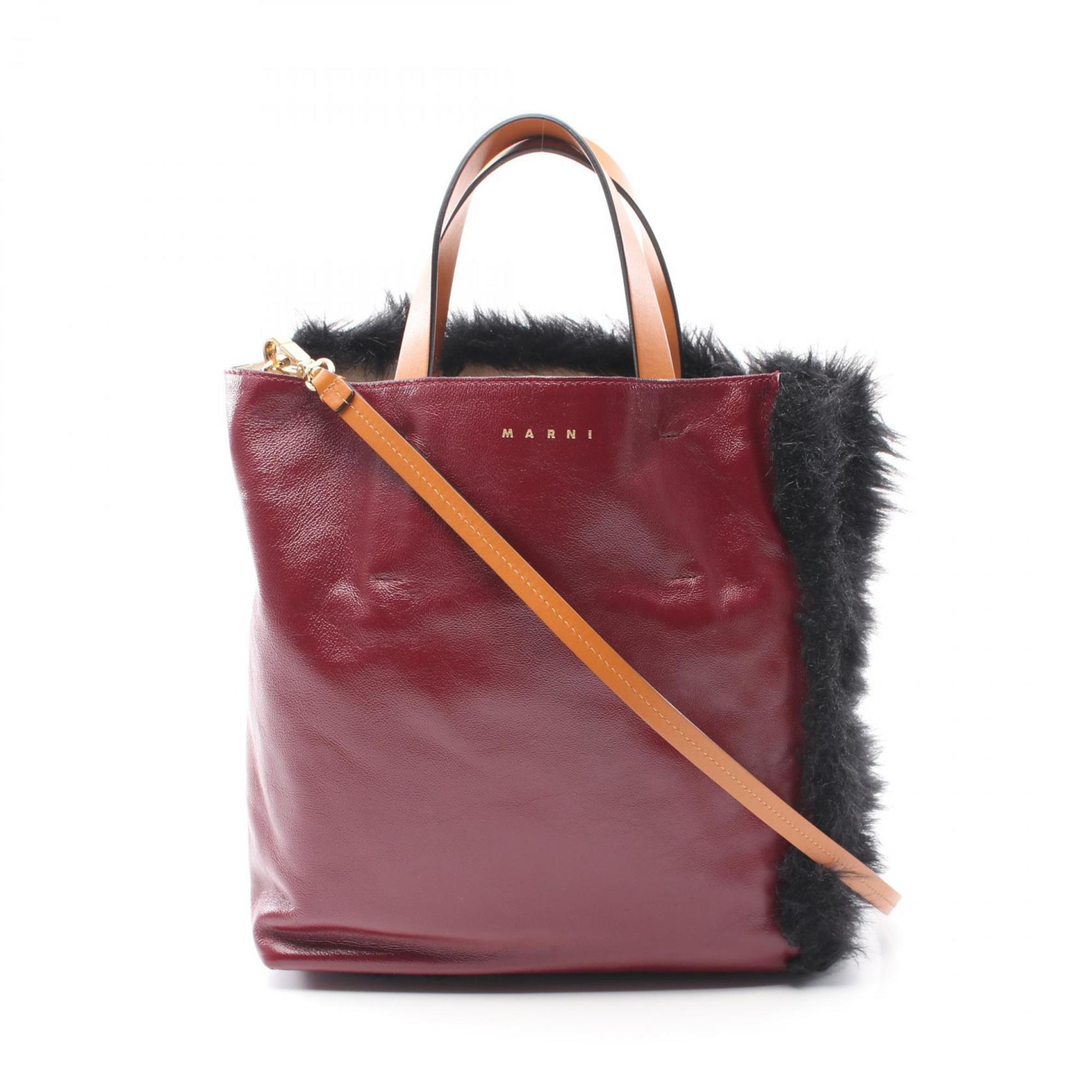 MARNI MUSEO Eco-fur Tote Bag Leather Faux Fur Women's Bordeaux Black SHMP0058Q0