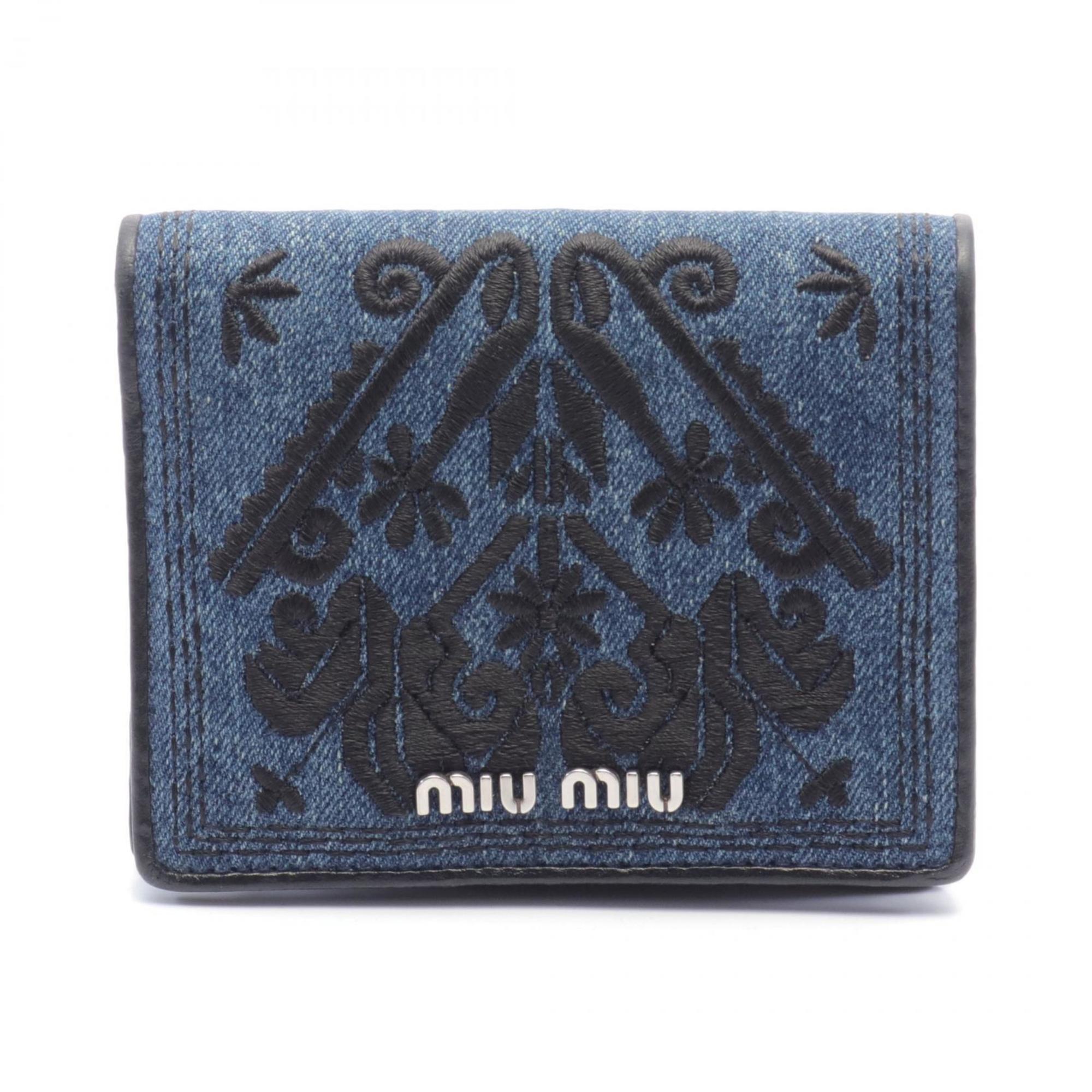 Miu Miu Miu DENIM RICAMO Bi-fold wallet, denim, leather, women's, navy, black, 5MV204