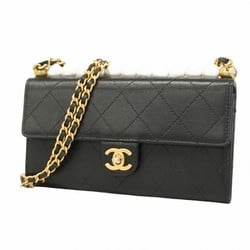 Chanel Shoulder Wallet Matelasse Leather Black Women's