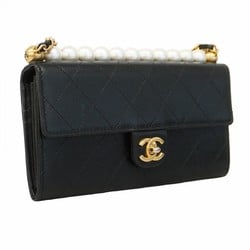 Chanel Shoulder Wallet Matelasse Leather Black Women's