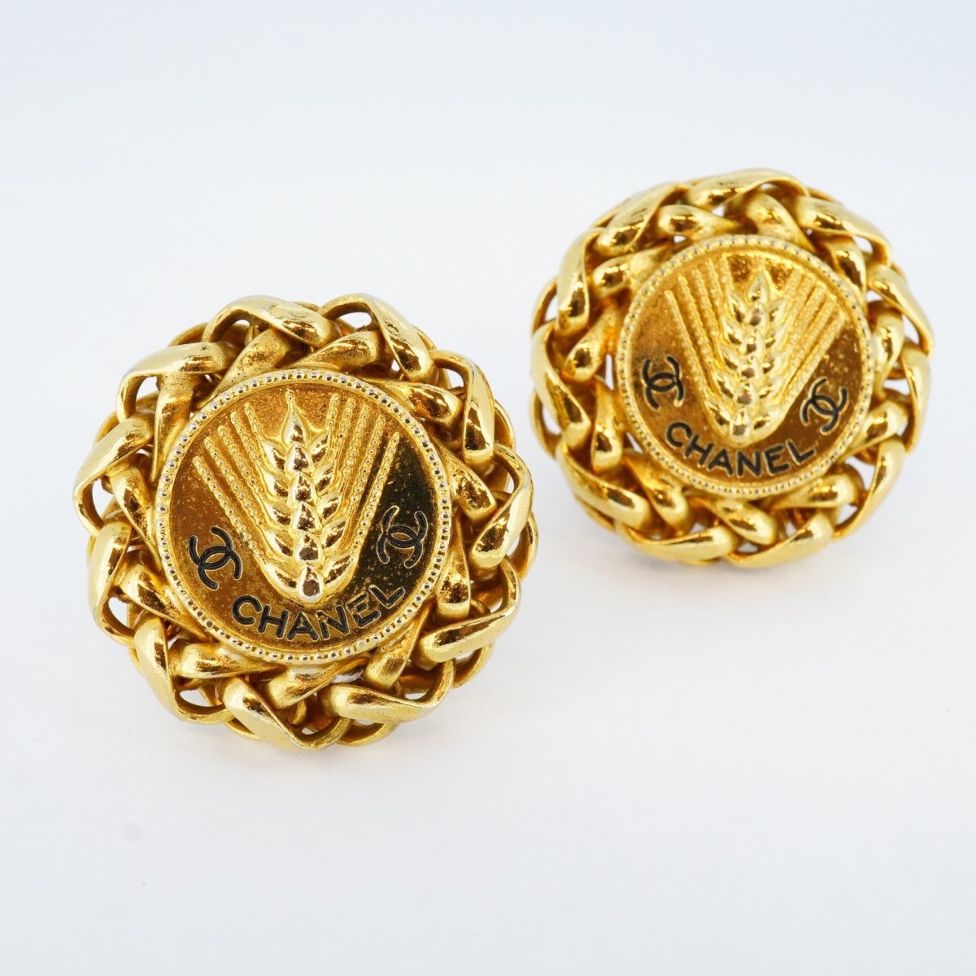 Chanel Earrings Rice Motif GP Plated Gold Black Ladies