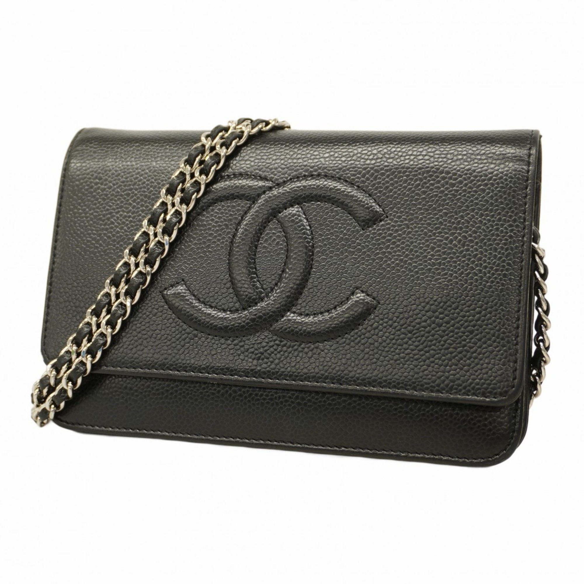 Chanel Shoulder Wallet Caviar Skin Black Women's