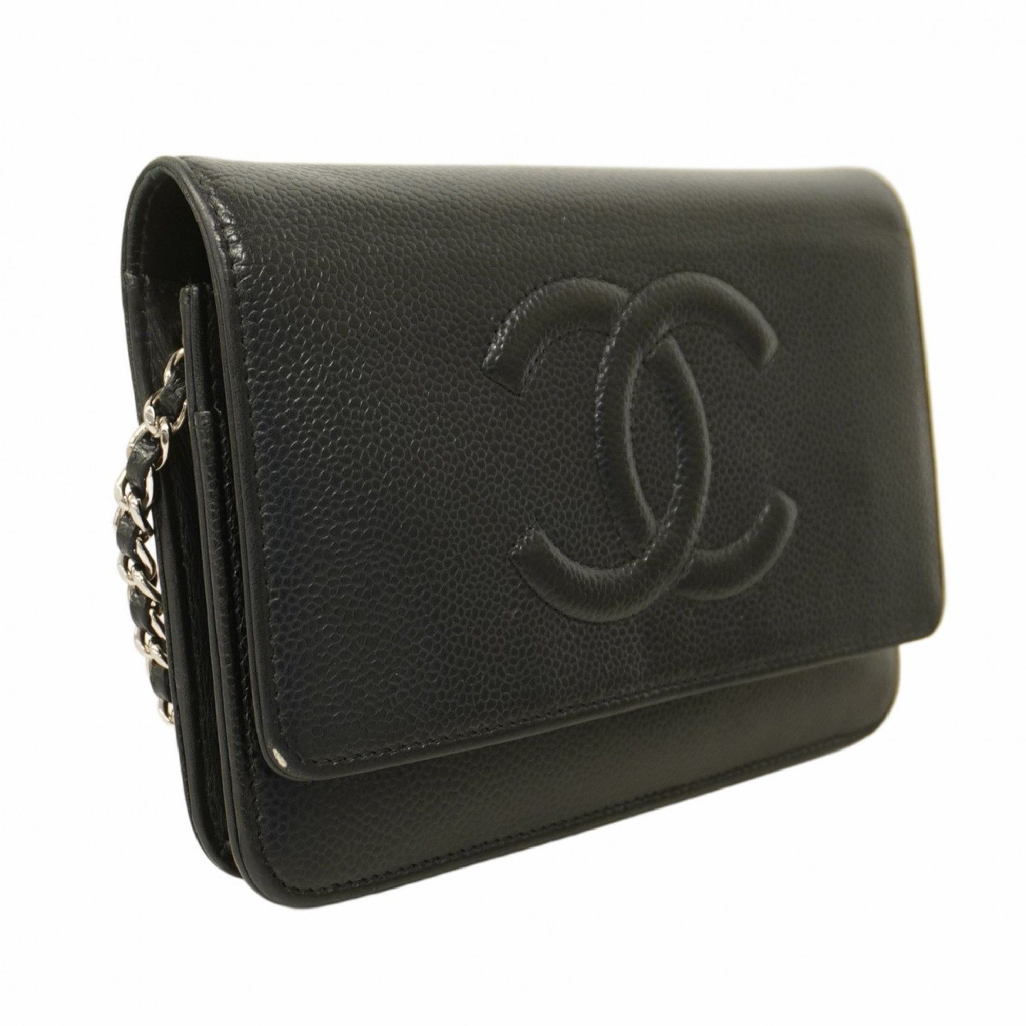 Chanel Shoulder Wallet Caviar Skin Black Women's