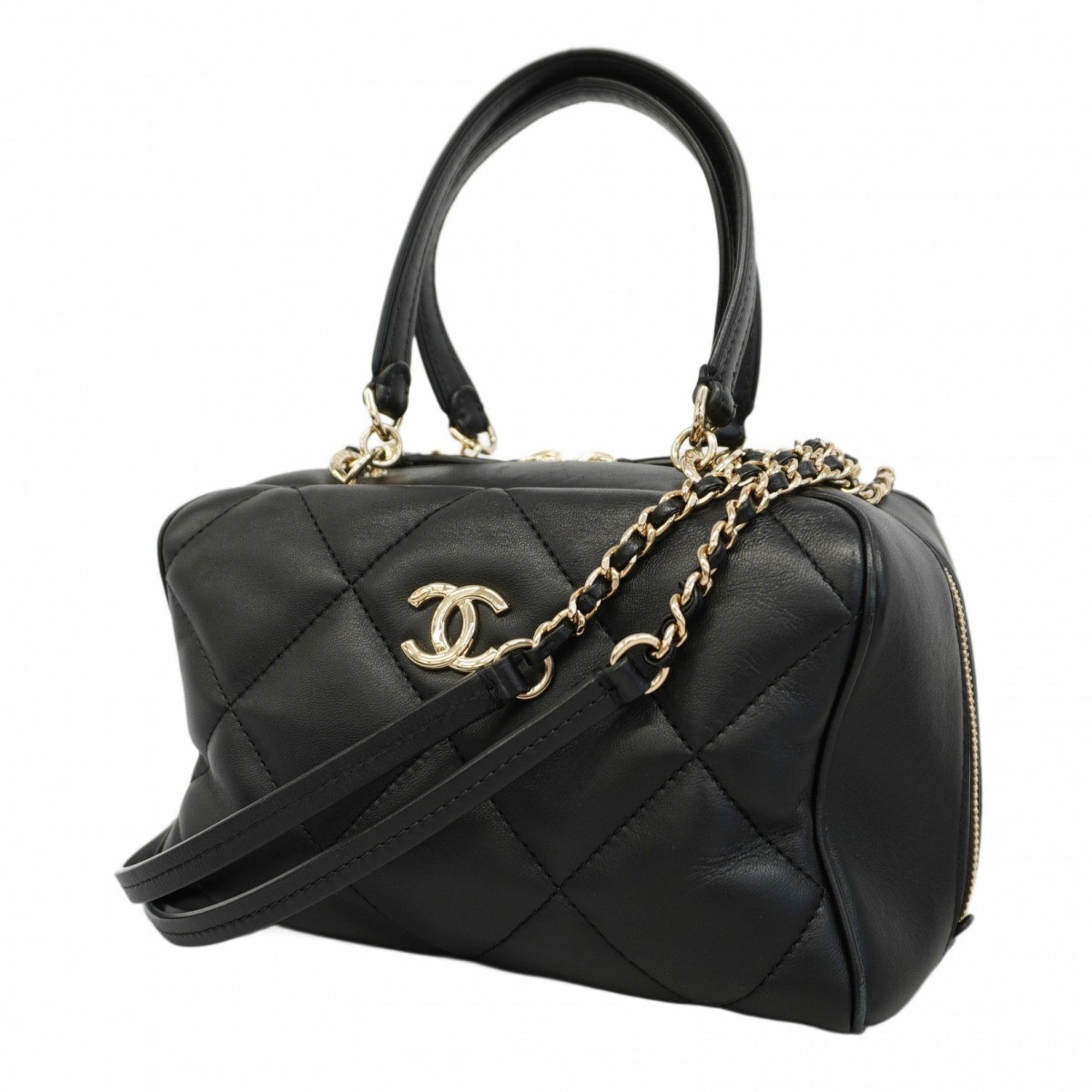 Chanel Shoulder Bag Matelasse Lambskin Black Champagne Ladies