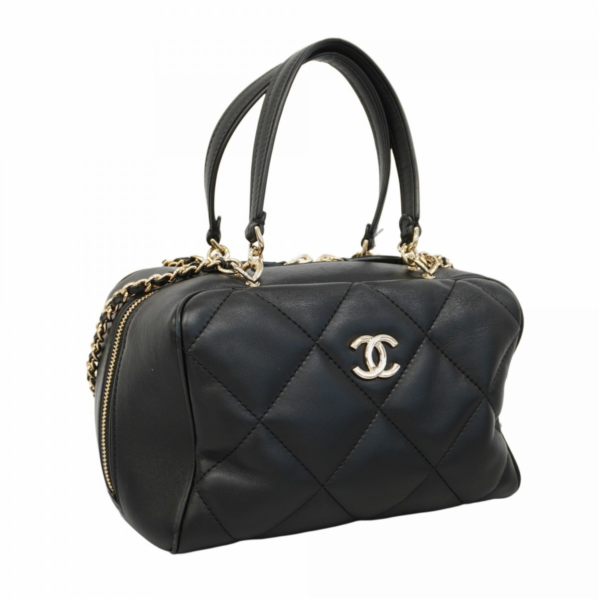 Chanel Shoulder Bag Matelasse Lambskin Black Champagne Ladies