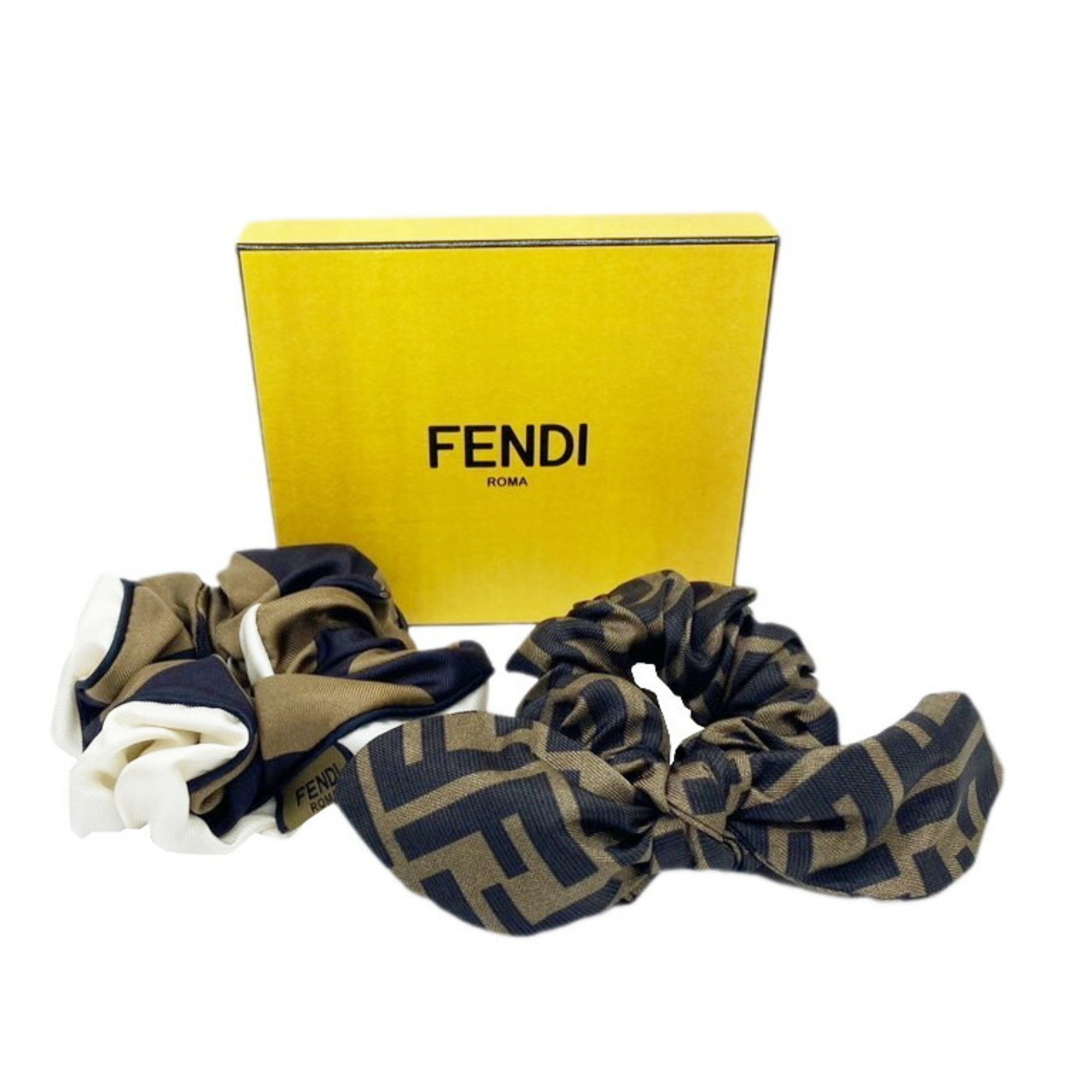 FENDI Scrunchie Set Brown White FF Silk Women's