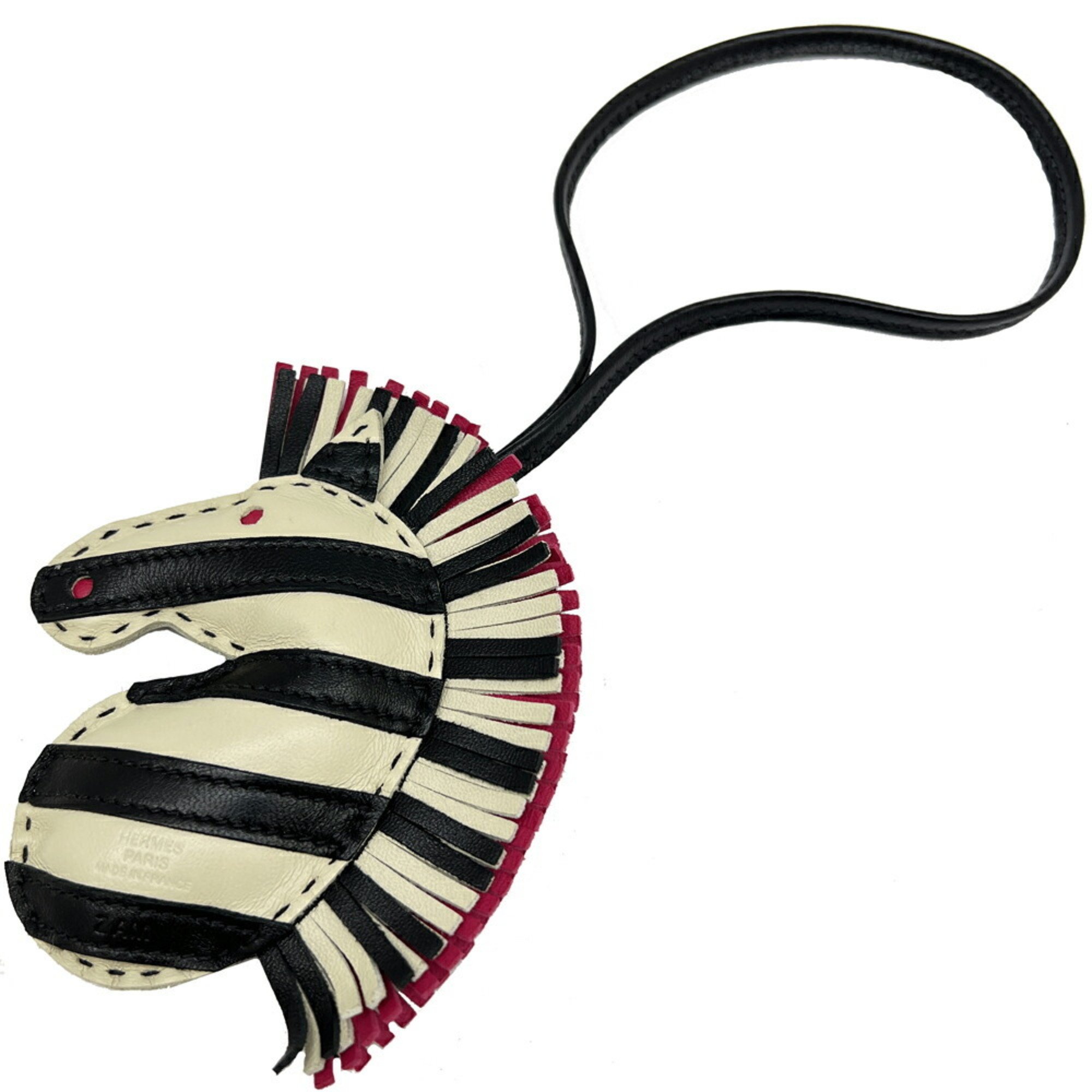 Hermes HERMES G-G Savannah Zebra Motif Strap Bag Charm Leather Black White Pink Women's