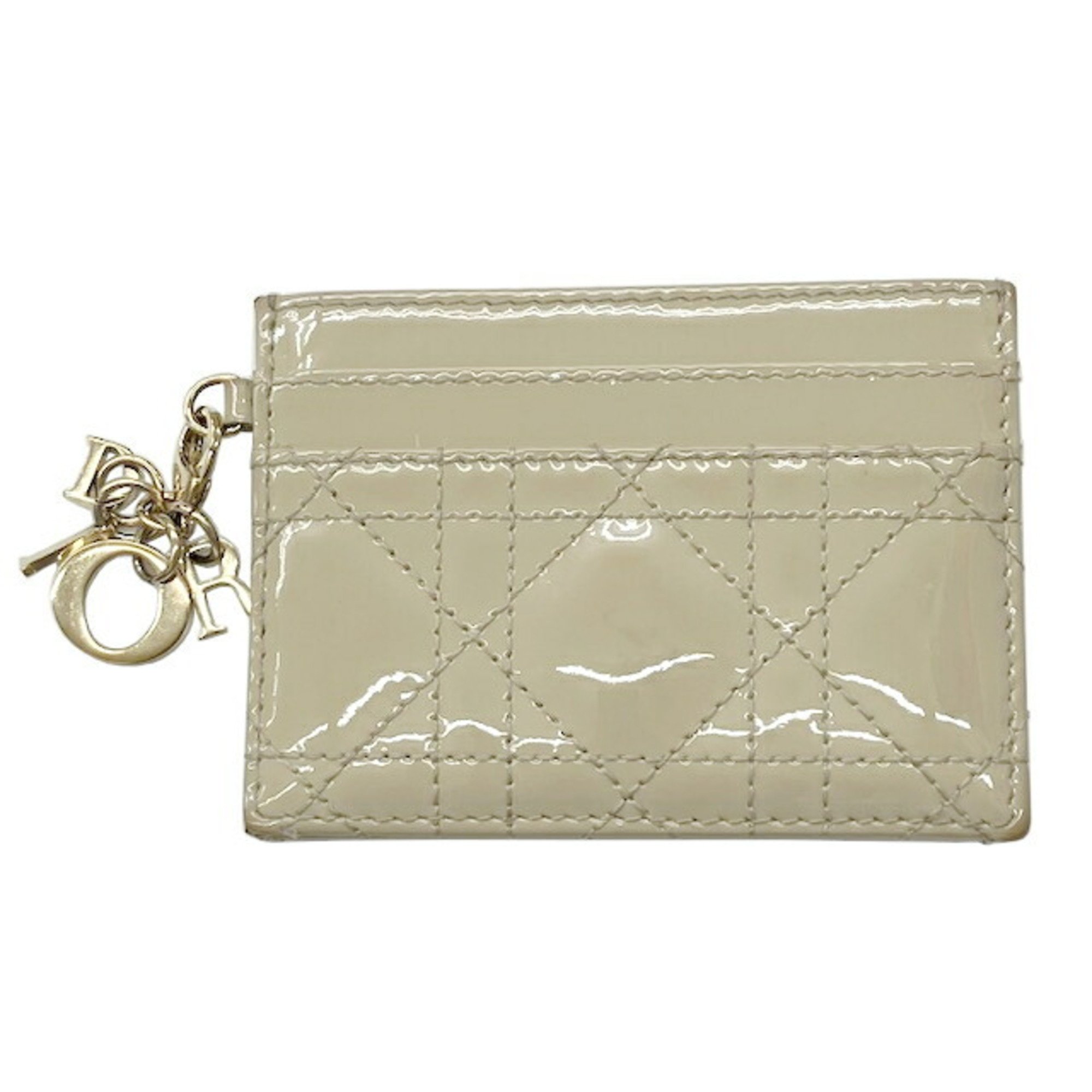 Christian Dior Cannage Card Case Beige Patent Leather Women's