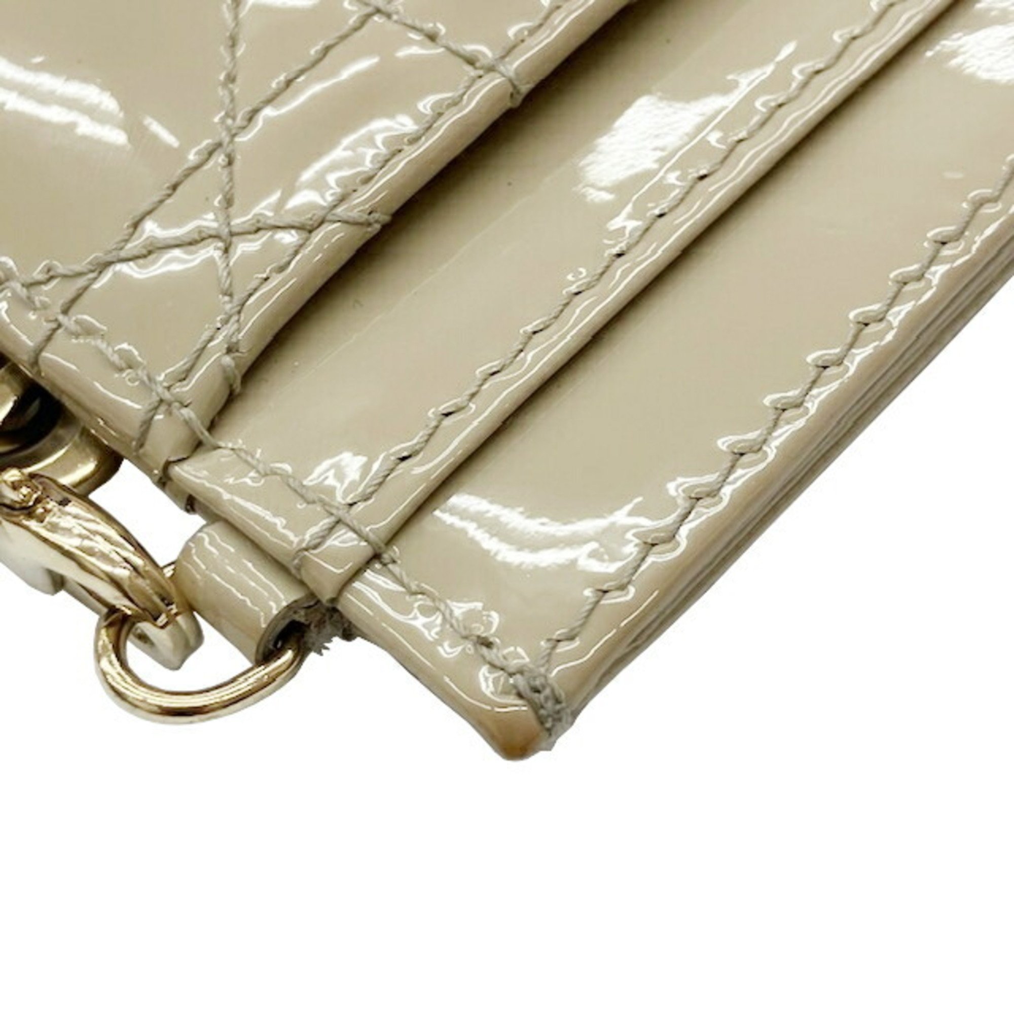 Christian Dior Cannage Card Case Beige Patent Leather Women's