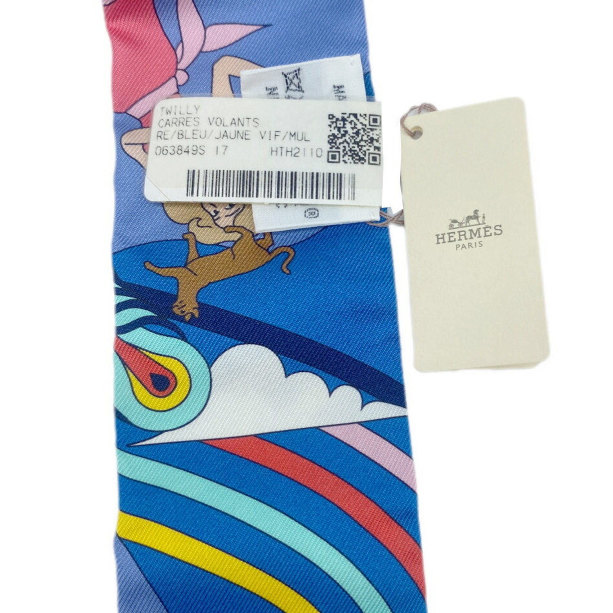 HERMES Twilly CARRES VOLANTS Pet Girl Blue Red Scarf Muffler Silk Collar Bag Accessory Women Men