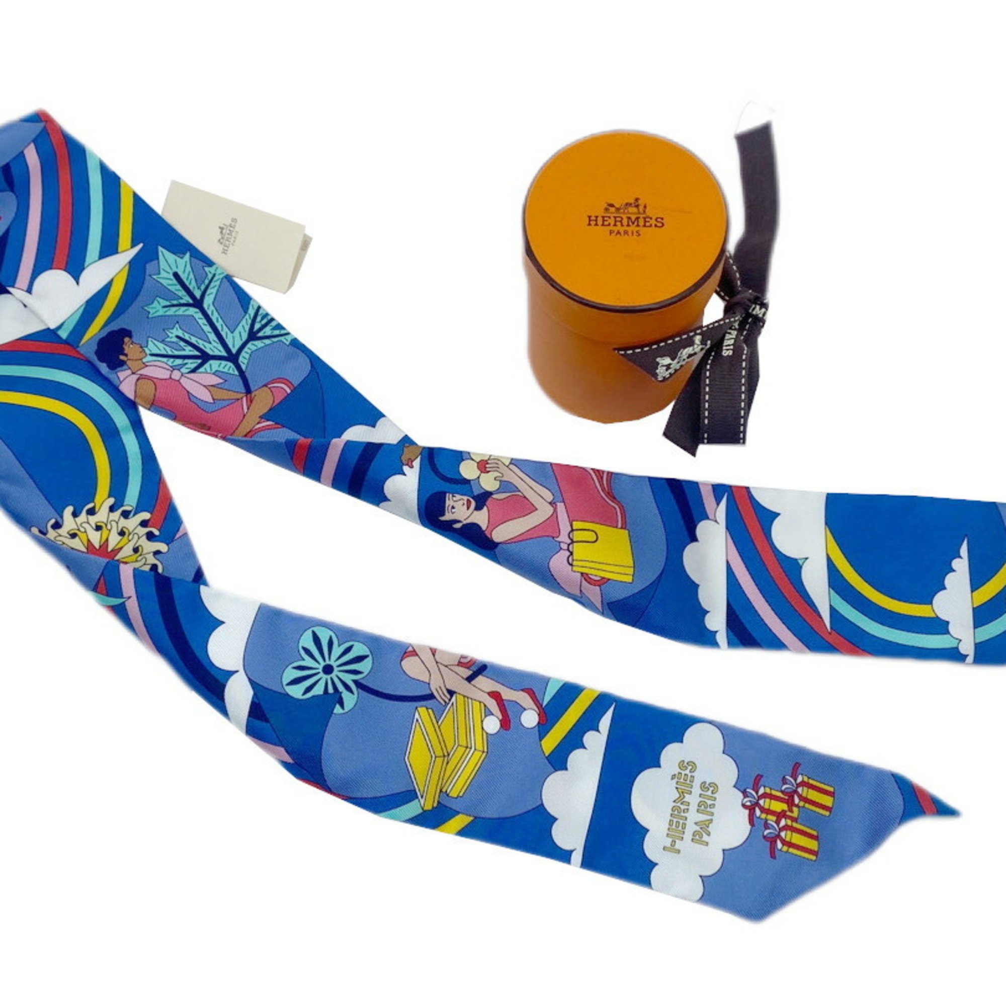 HERMES Twilly CARRES VOLANTS Pet Girl Blue Red Scarf Muffler Silk Collar Bag Accessory Women Men