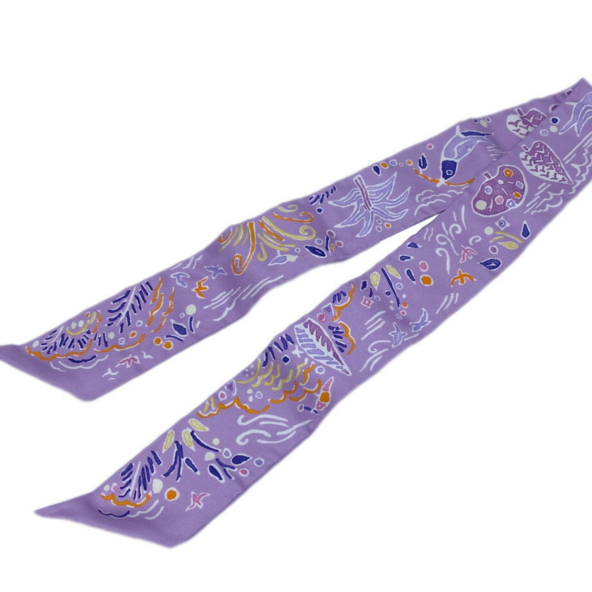 HERMES Twilly ISOLA DI PRIMAVERA Bird Tree Purple Orange Scarf Muffler Silk Collar Bag Accessory Women Men