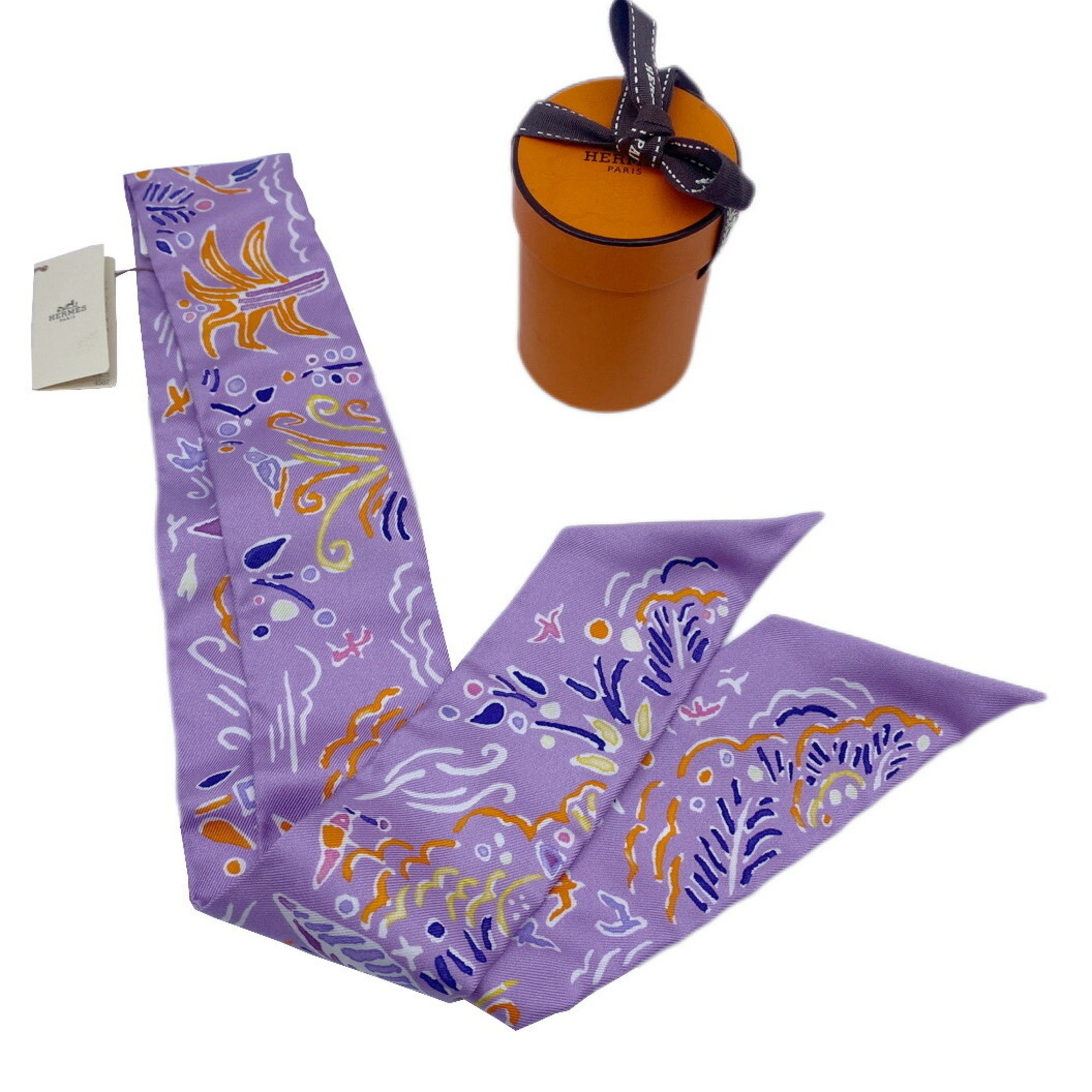 HERMES Twilly ISOLA DI PRIMAVERA Bird Tree Purple Orange Scarf Muffler Silk Collar Bag Accessory Women Men