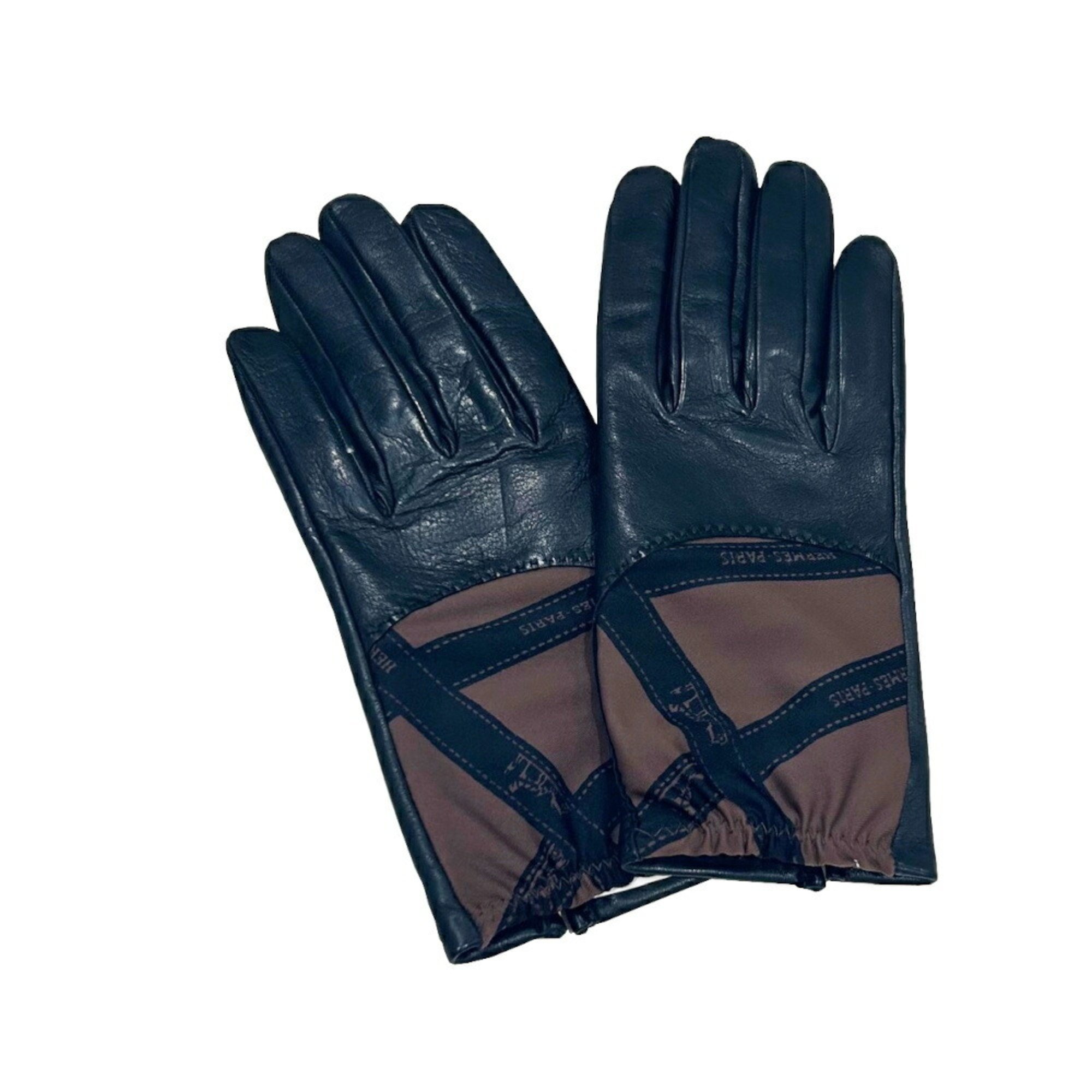 Hermes HERMES Gloves Black Brown Lambskin Silk Ribbon Pattern Women's #8