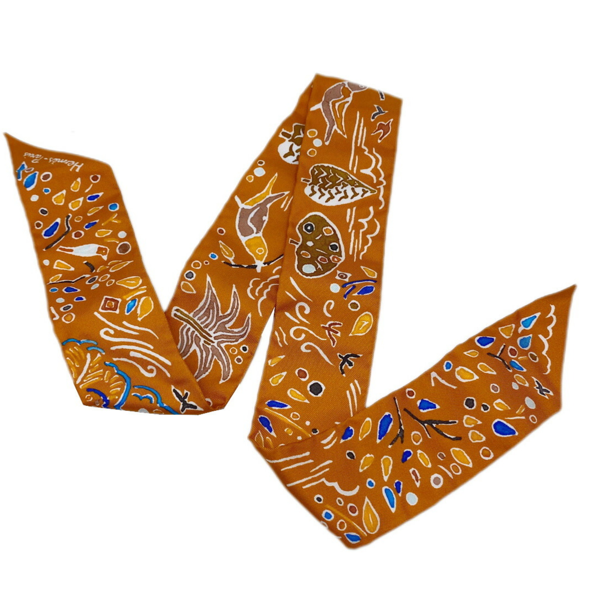 HERMES Twilly ISOLA DI PRIMAVERA Bird Tree Orange White Scarf Muffler Silk Collar Bag Accessory Women Men