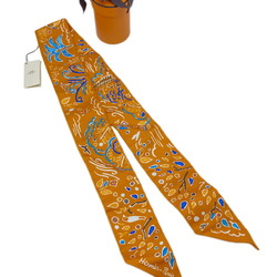 HERMES Twilly ISOLA DI PRIMAVERA Bird Tree Orange White Scarf Muffler Silk Collar Bag Accessory Women Men