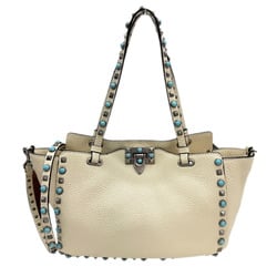 VALENTINO GARAVANI Valentino Garavani Rockstud Turquoise Shoulder Bag Tote Ivory Leather Women's