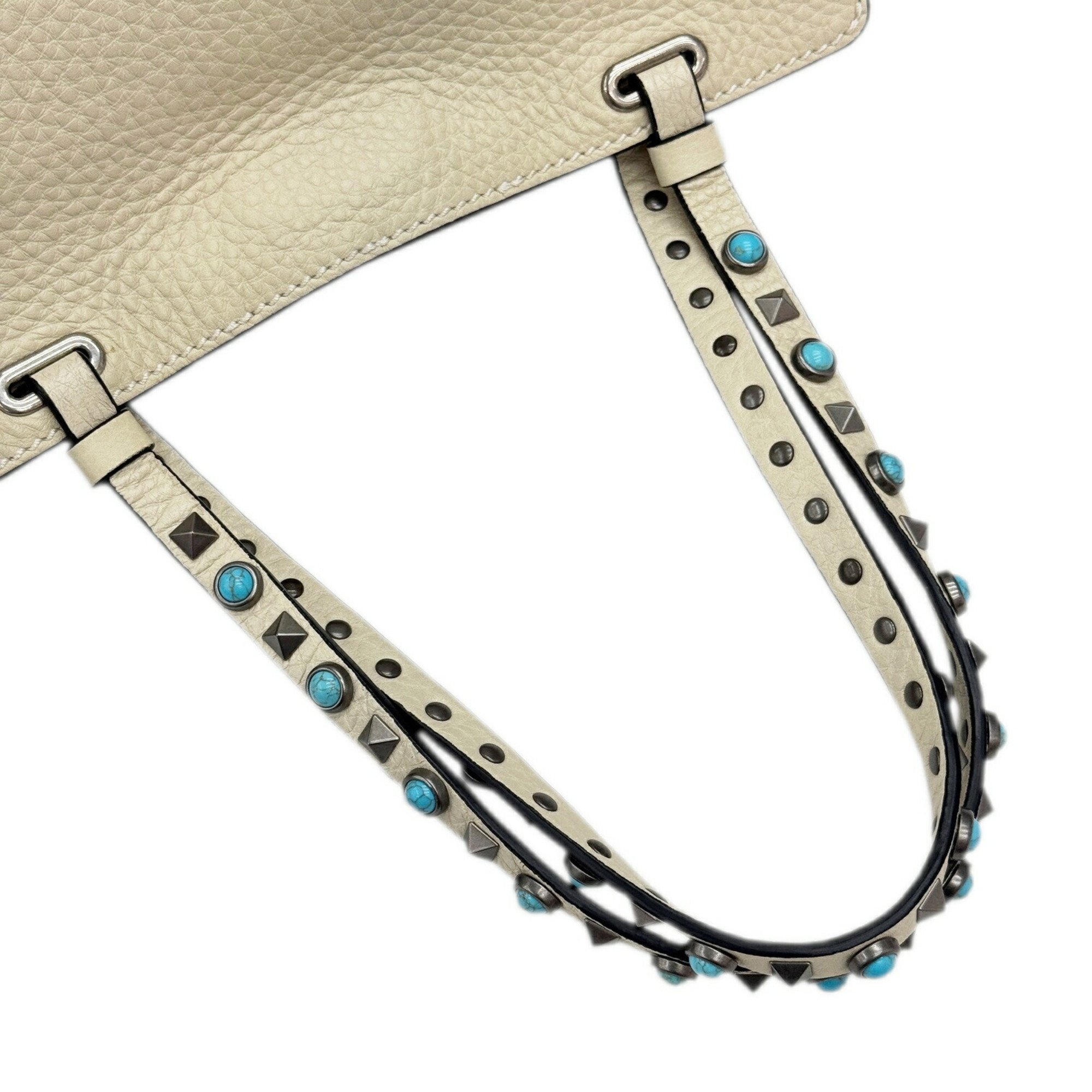 VALENTINO GARAVANI Valentino Garavani Rockstud Turquoise Shoulder Bag Tote Ivory Leather Women's