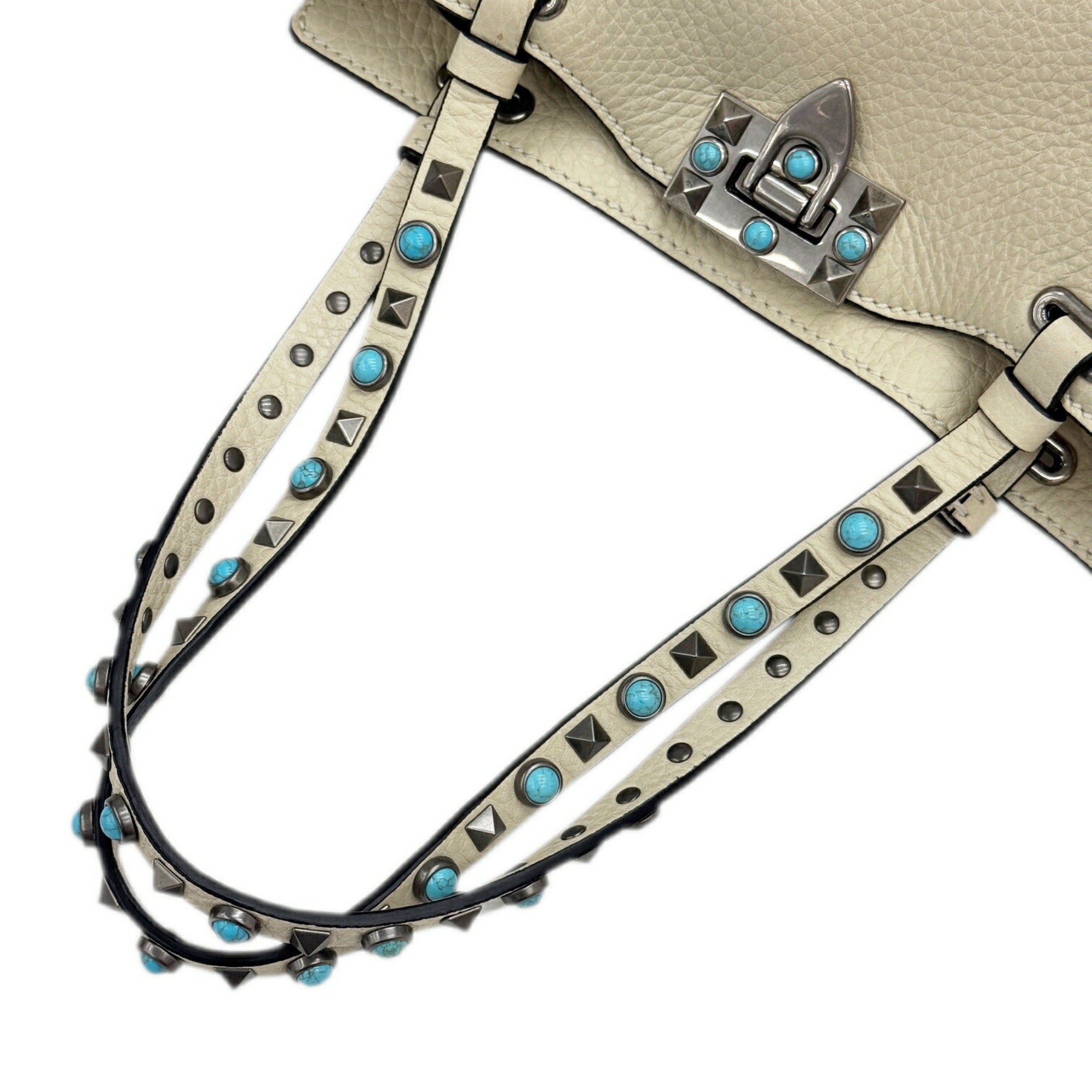 VALENTINO GARAVANI Valentino Garavani Rockstud Turquoise Shoulder Bag Tote Ivory Leather Women's