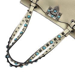 VALENTINO GARAVANI Valentino Garavani Rockstud Turquoise Shoulder Bag Tote Ivory Leather Women's