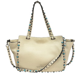 VALENTINO GARAVANI Valentino Garavani Rockstud Turquoise Shoulder Bag Tote Ivory Leather Women's