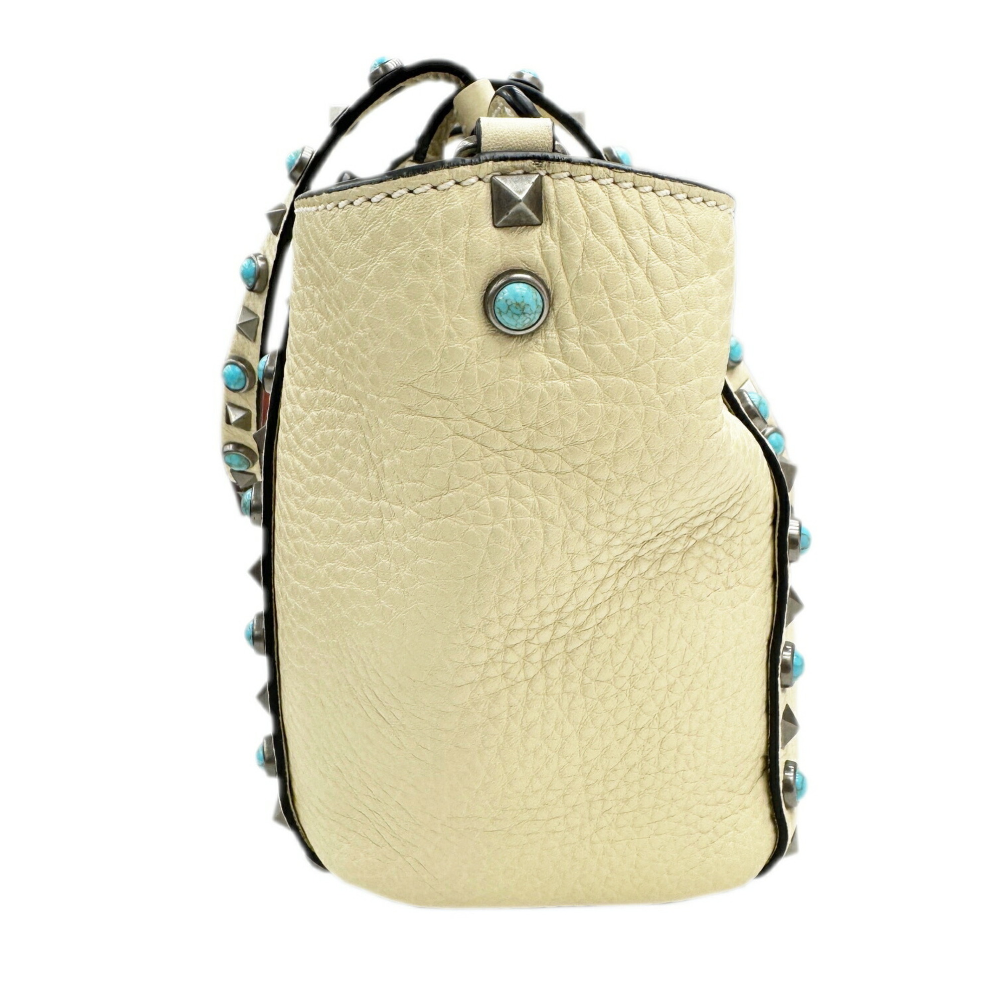 VALENTINO GARAVANI Valentino Garavani Rockstud Turquoise Shoulder Bag Tote Ivory Leather Women's