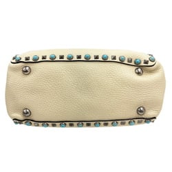 VALENTINO GARAVANI Valentino Garavani Rockstud Turquoise Shoulder Bag Tote Ivory Leather Women's