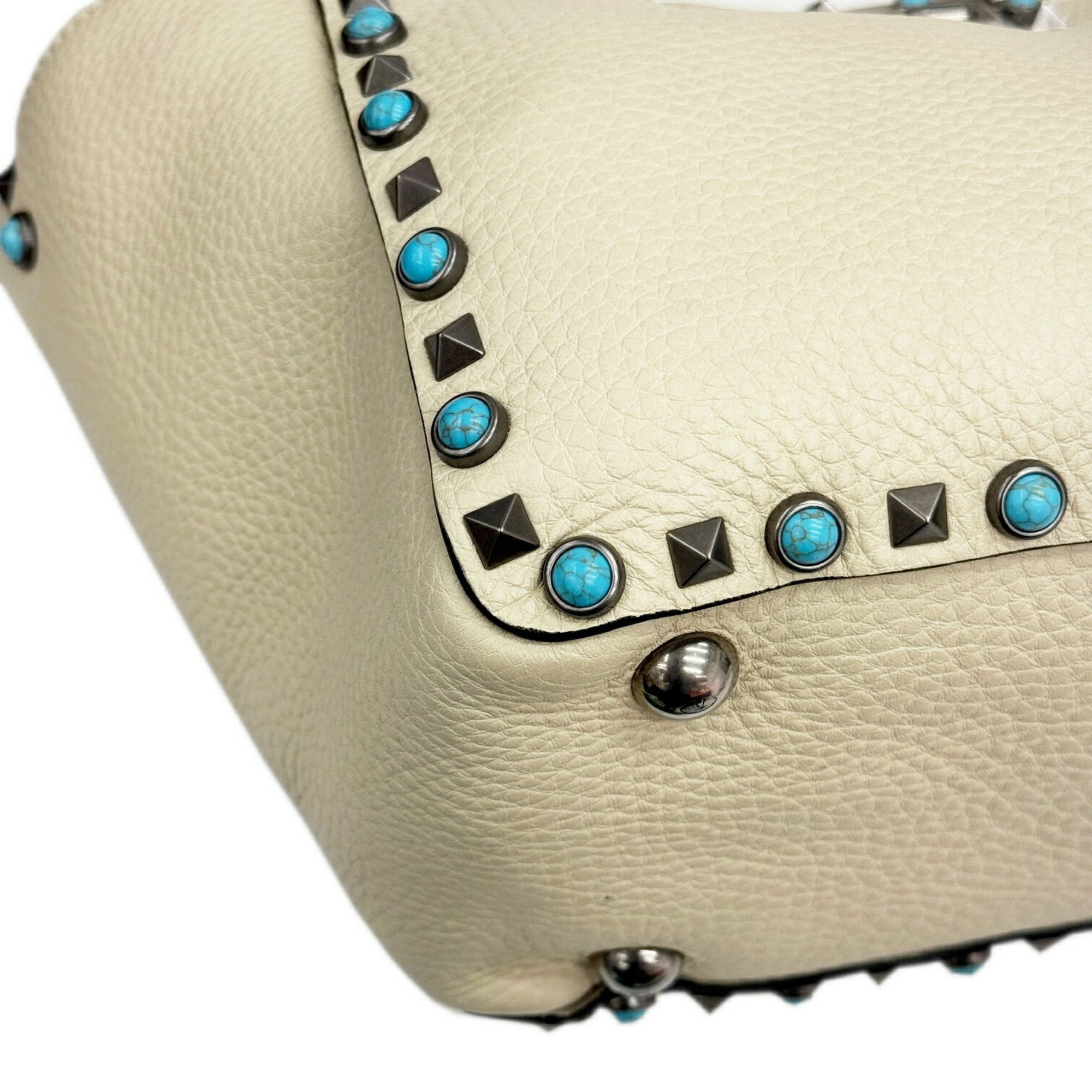 VALENTINO GARAVANI Valentino Garavani Rockstud Turquoise Shoulder Bag Tote Ivory Leather Women's