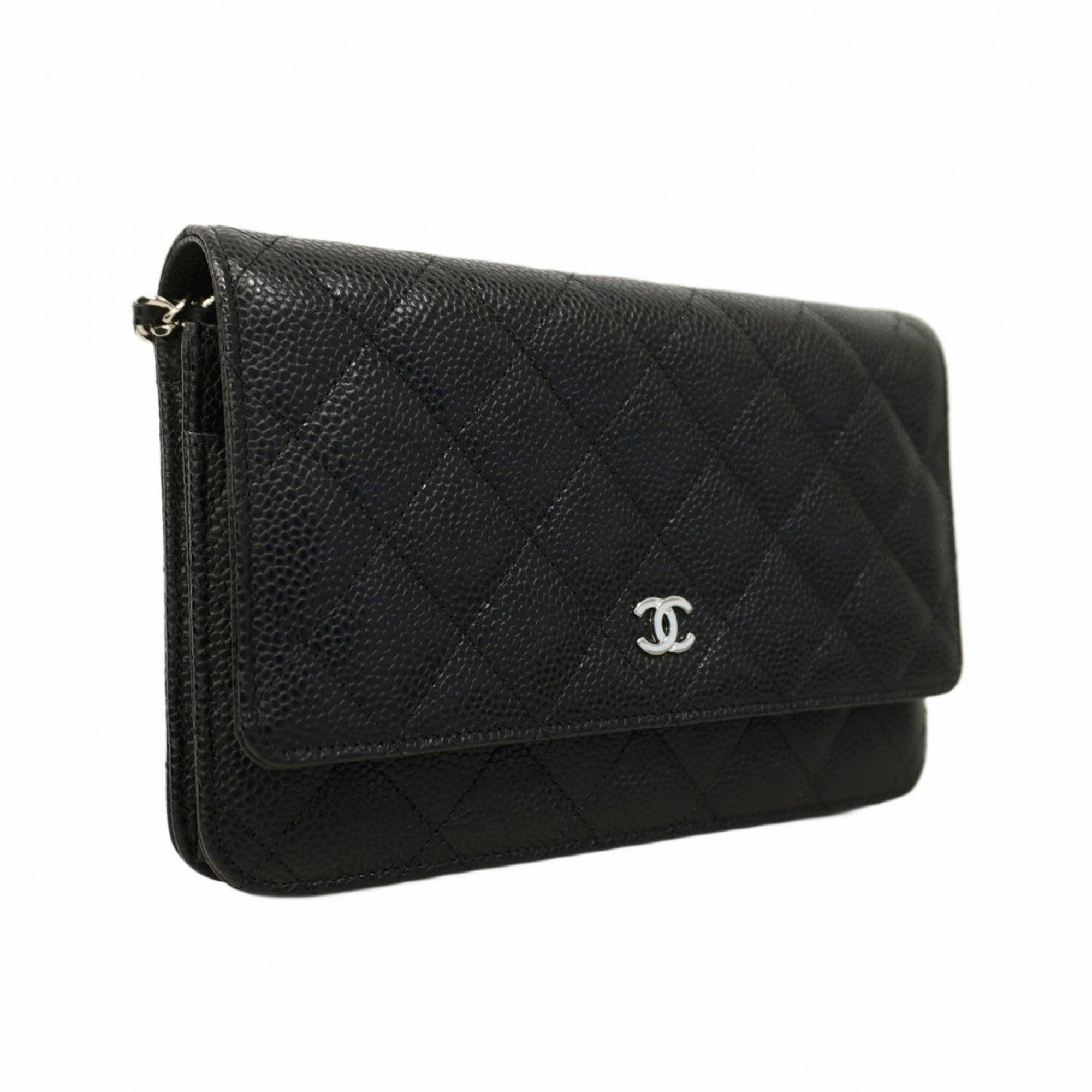 Chanel Shoulder Wallet Matelasse Caviar Skin Black Women's