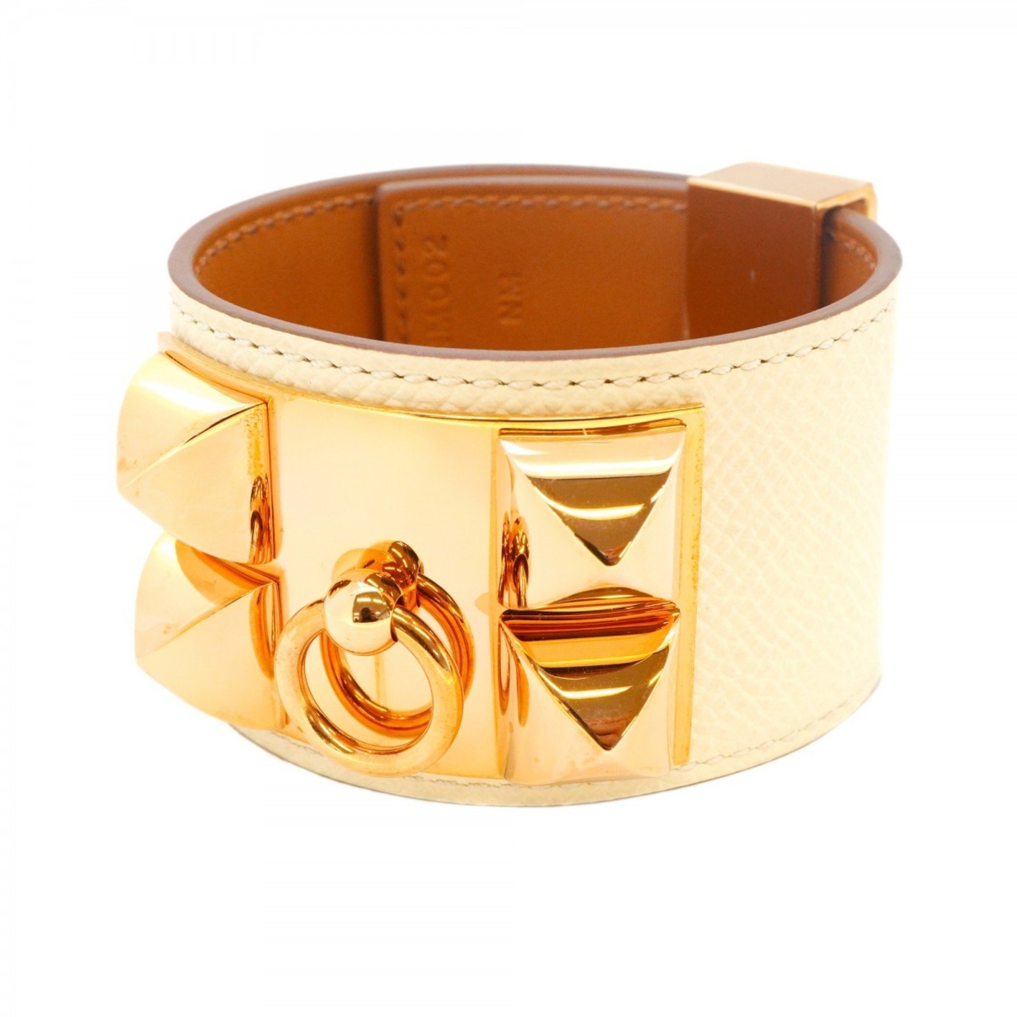 Hermes Bracelet Collier de Chien GP Plated Leather White Brown Rose Gold B Engraved Men's Women's