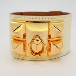 Hermes Bracelet Collier de Chien GP Plated Leather White Brown Rose Gold B Engraved Men's Women's