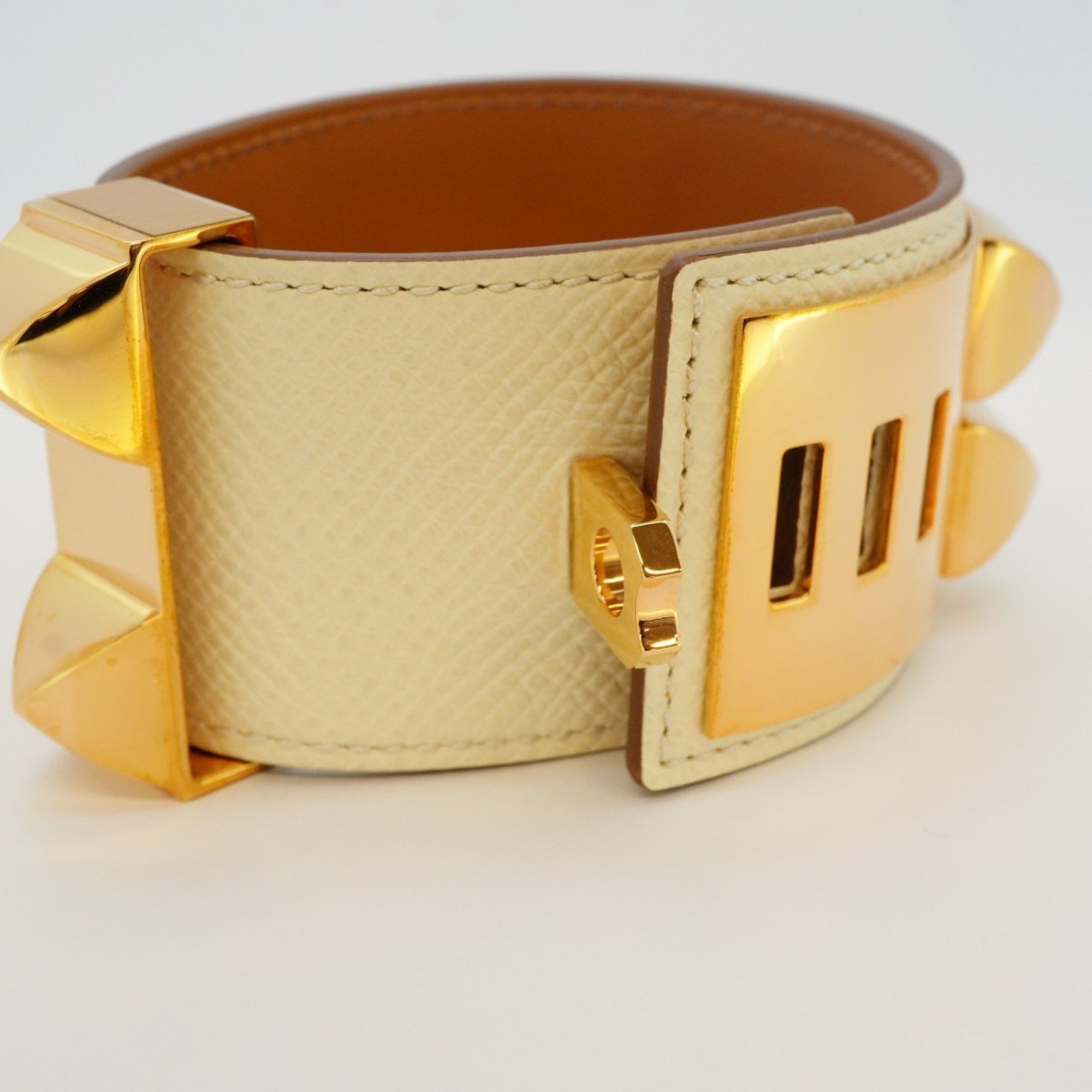 Hermes Bracelet Collier de Chien GP Plated Leather White Brown Rose Gold B Engraved Men's Women's